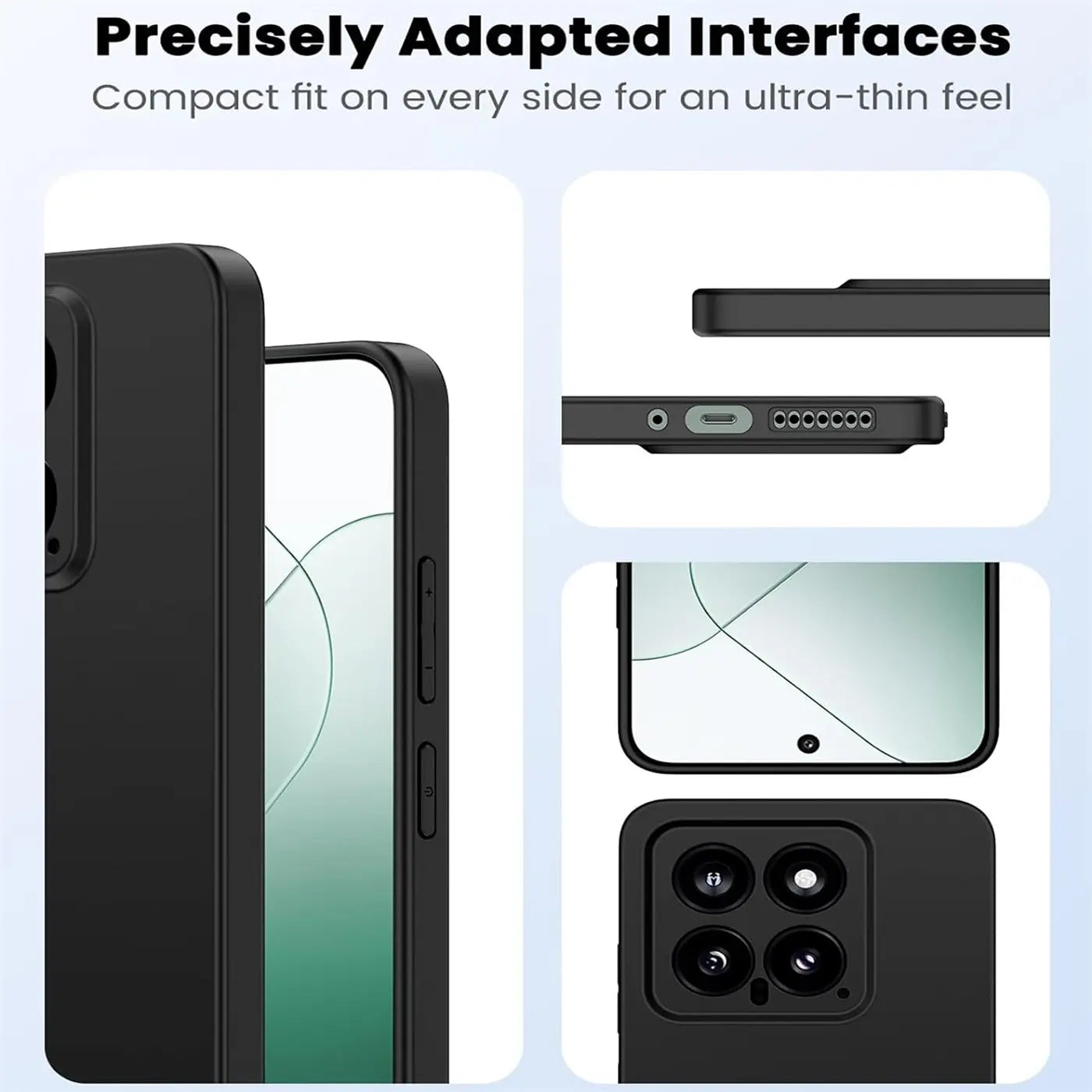 Schwarze Silikonhülle für Xiaomi 14, Seitenansicht, Rückseite, Unterseite.