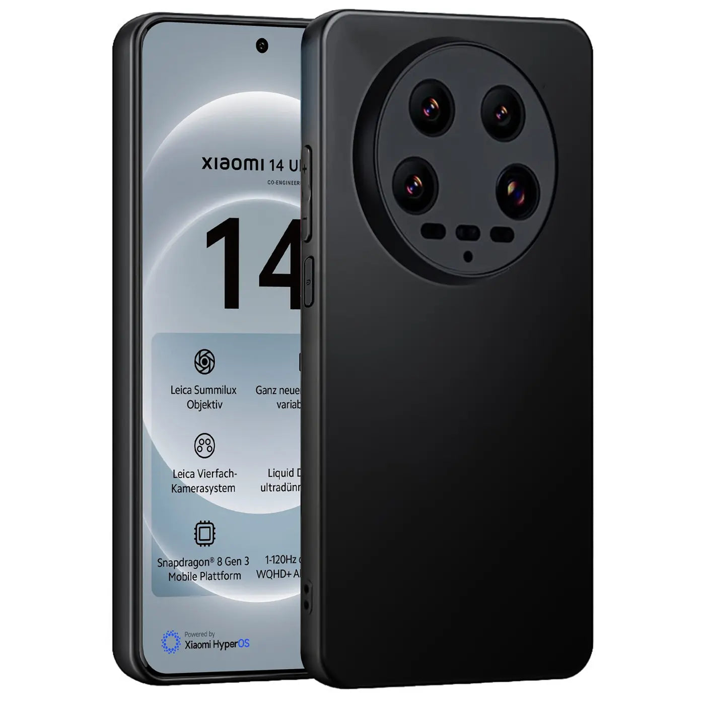 Schwarze matte Silikonhülle für Xiaomi 14 Ultra, von vorne/seitlich gezeigt.