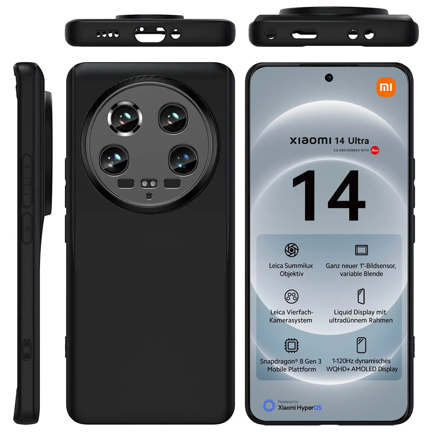Schwarze matte Silikonhülle für Xiaomi 14 Ultra, von vorne, Seite, oben und mit Display.