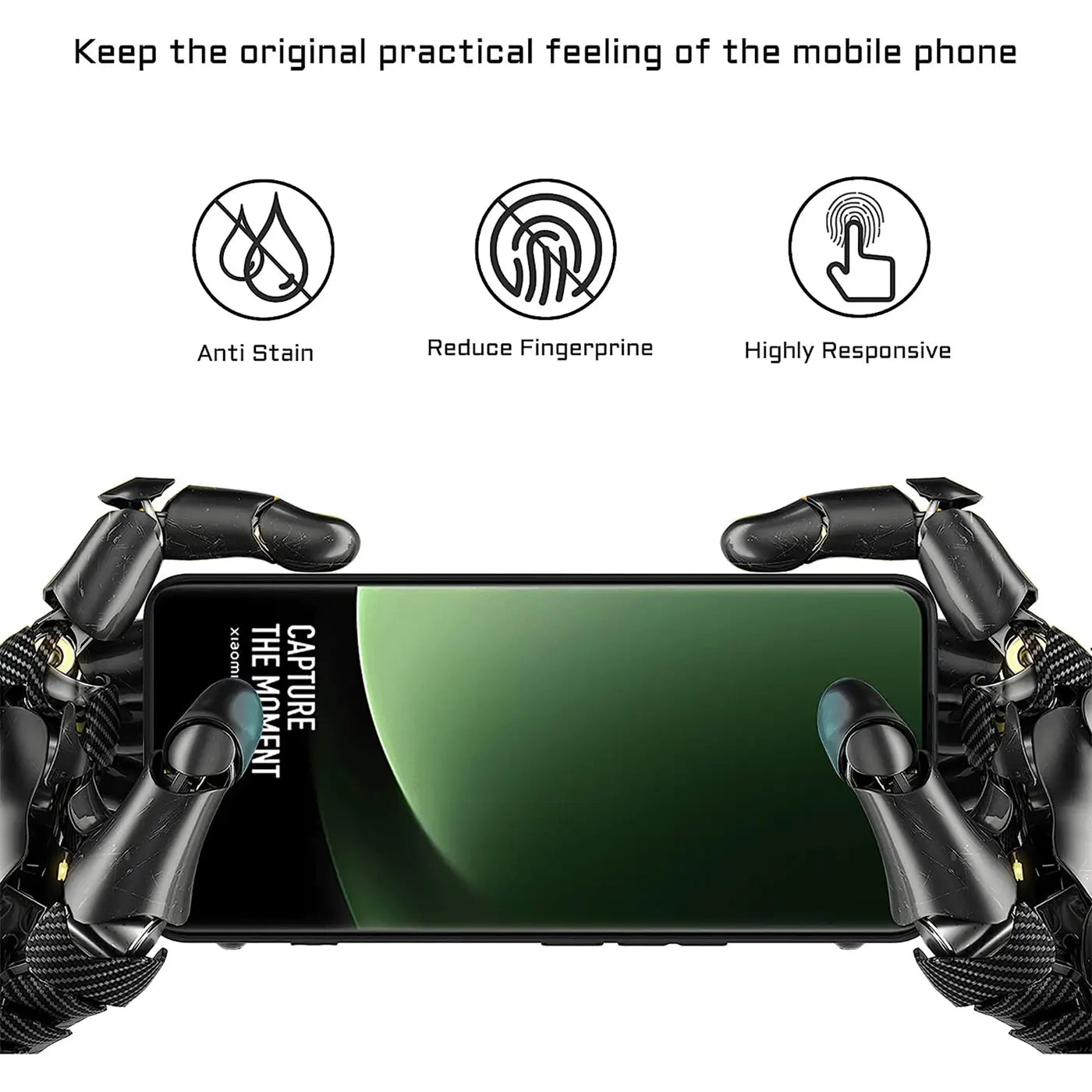 Roboterhände halten ein schwarzes Xiaomi 14 Ultra, Vorderansicht, mattes Silikon.