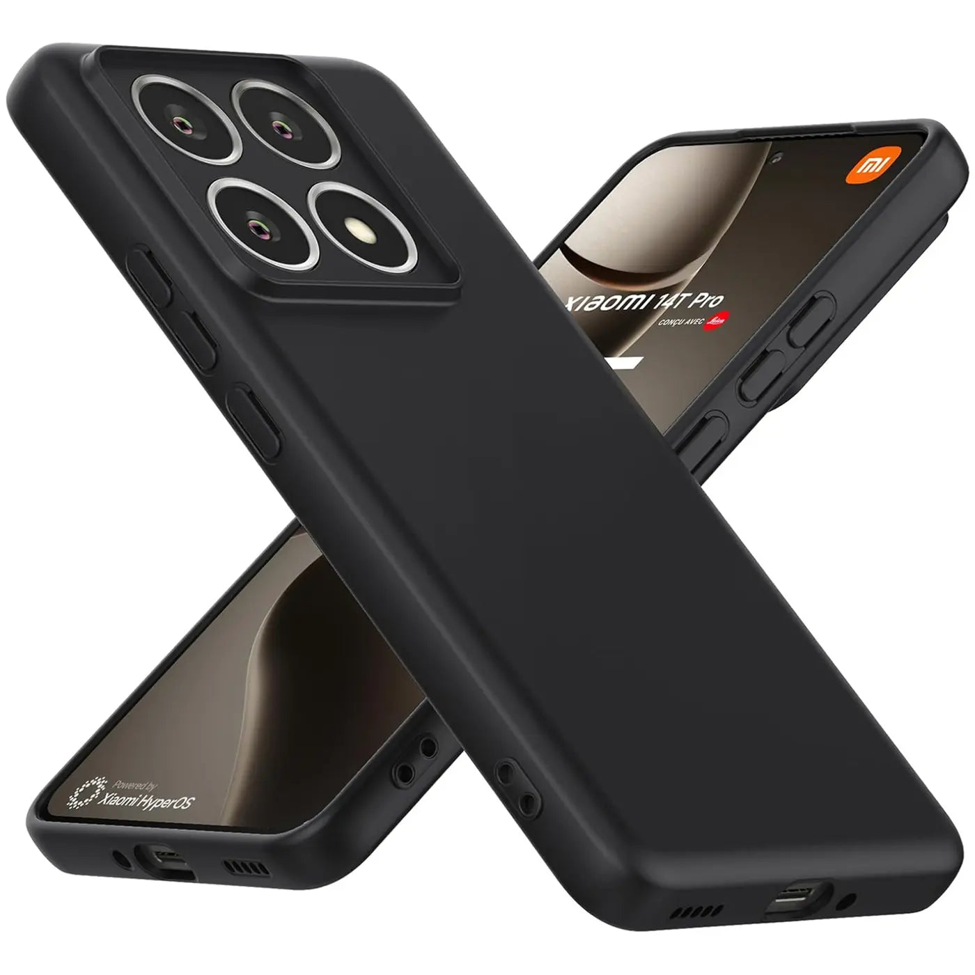 Schwarze, matte Silikonhülle für Xiaomi 14T Pro, von vorne links, mit zwei Geräten.