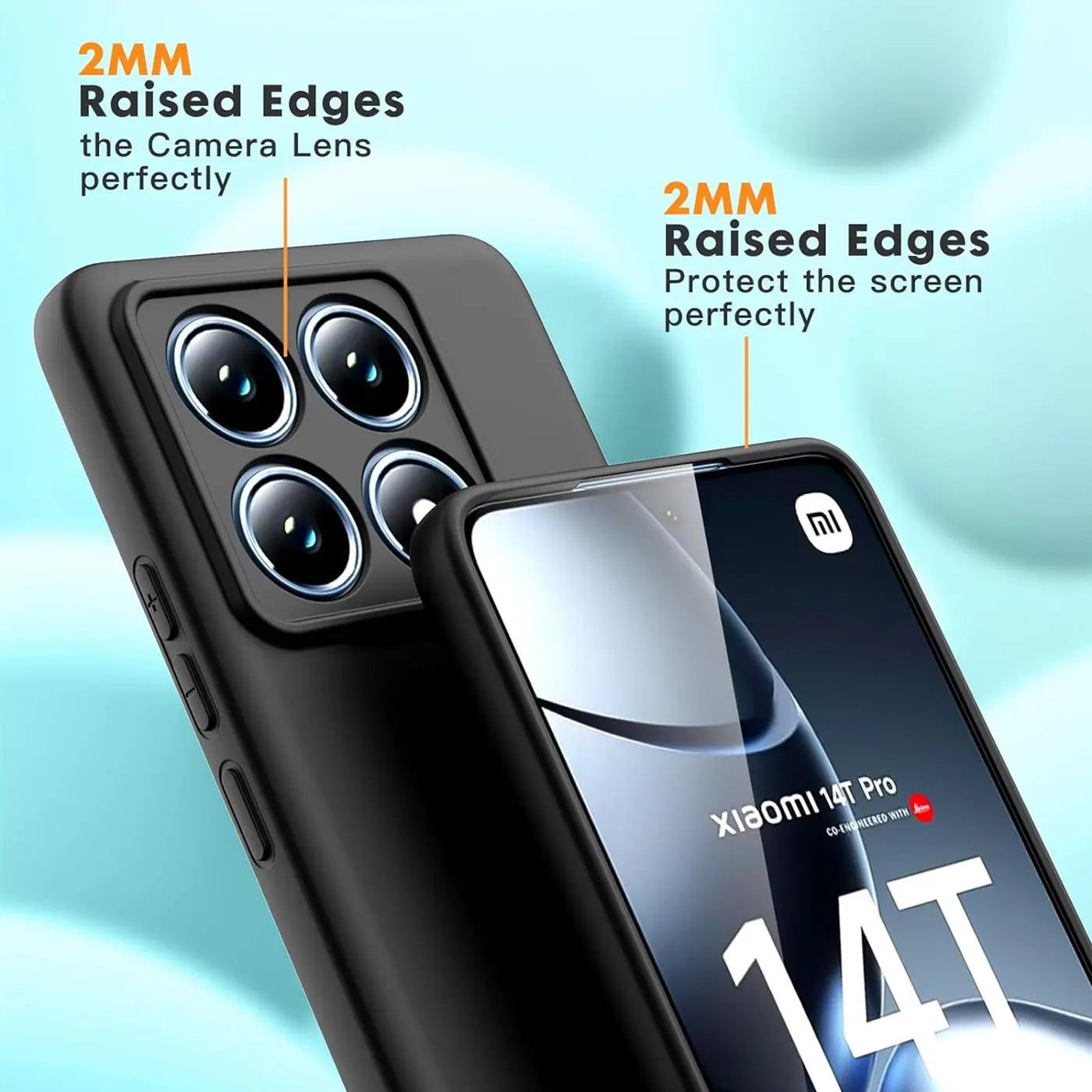 Schwarze Silikonhülle mit erhöhtem Rand für Xiaomi 14T Pro, Nahaufnahme