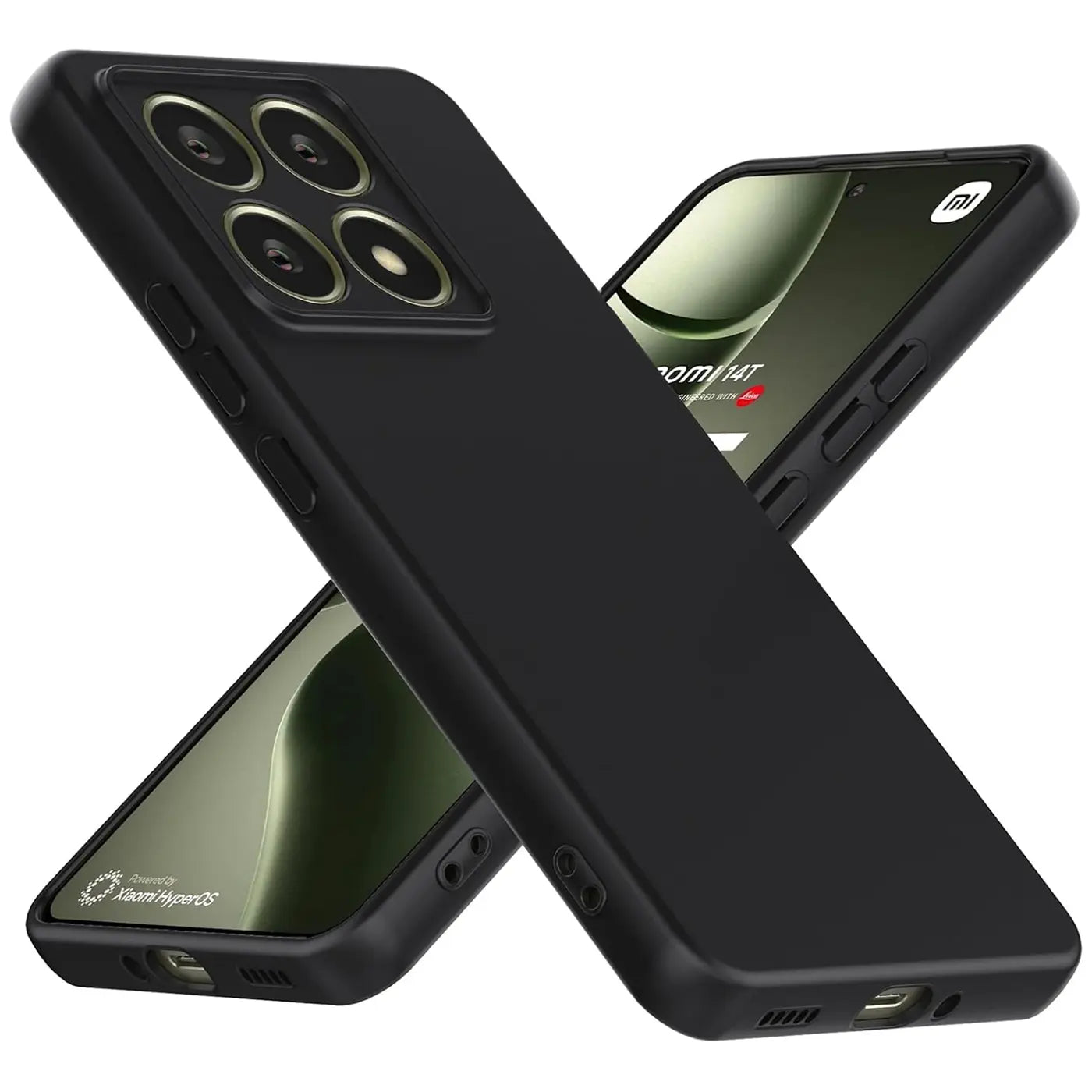 Schwarze Silikonhülle für Xiaomi 14T, matt, schräg von vorne oben, mit zwei Handys.