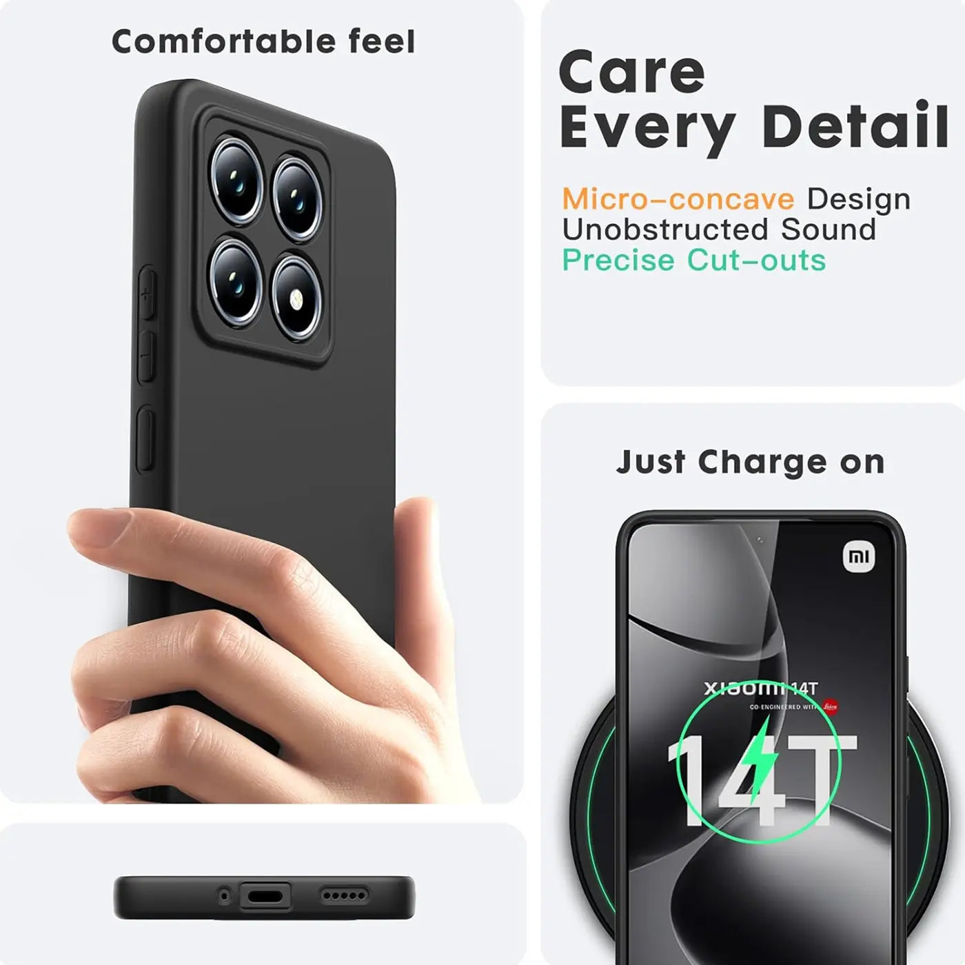 Schwarze Silikonhülle für Xiaomi 14T, matt, von vorne und unten gezeigt.