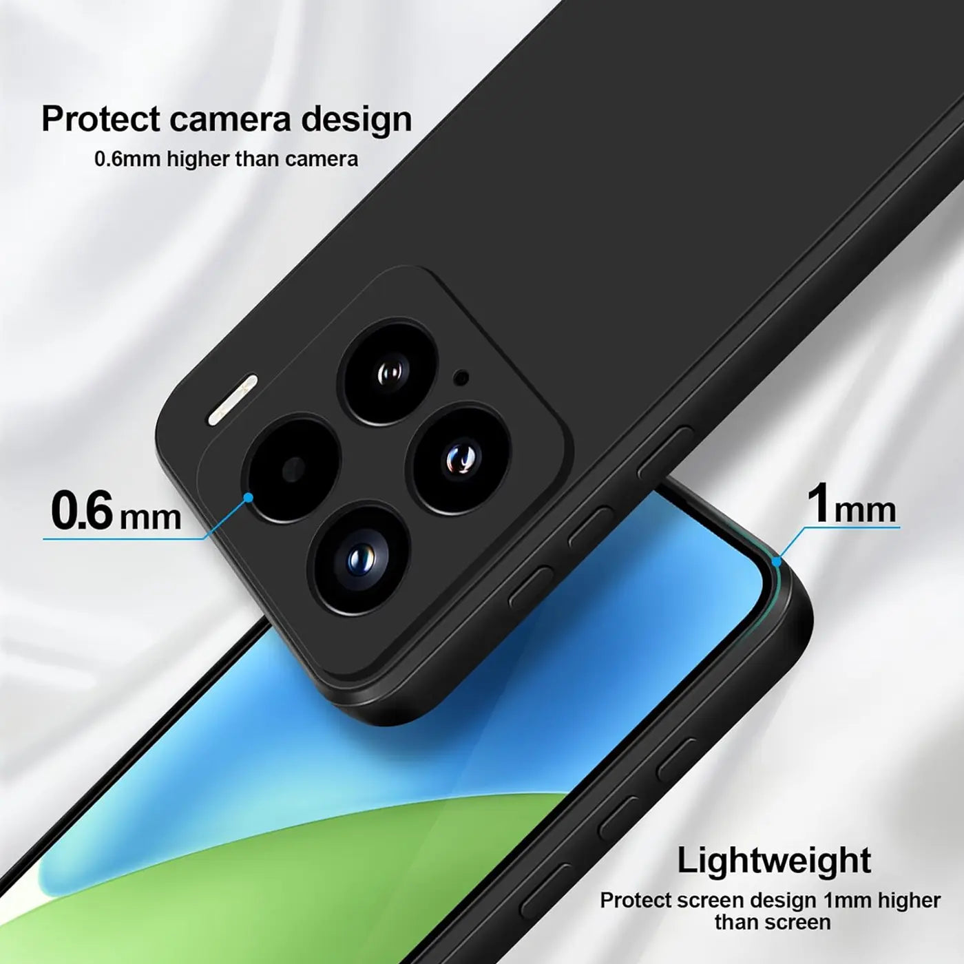 Schwarze Silikonhülle auf einem Smartphone mit Kamera- und Bildschirmdetails.