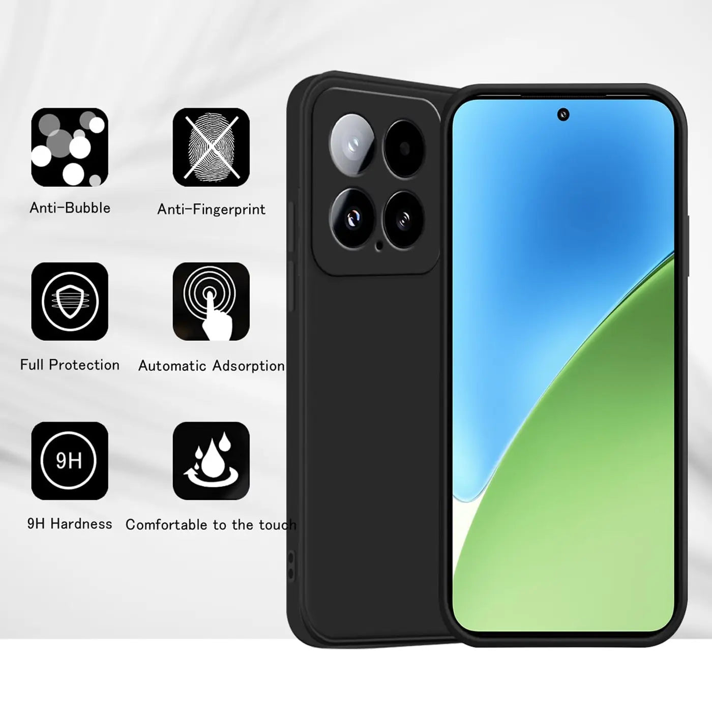 Schwarze Silikonhülle für Xiaomi 15, von hinten und vorne gezeigt, matt.