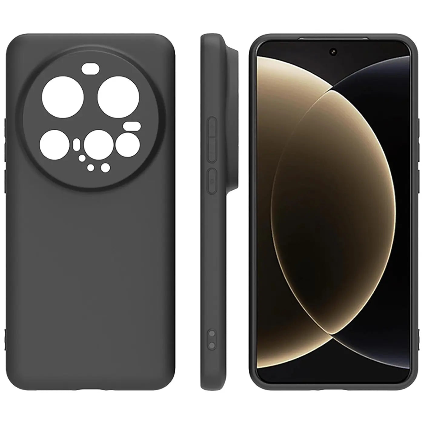 Schwarze Silikonhülle, Rückansicht, Seitenansicht, Vorderansicht mit Xiaomi 15 Ultra.