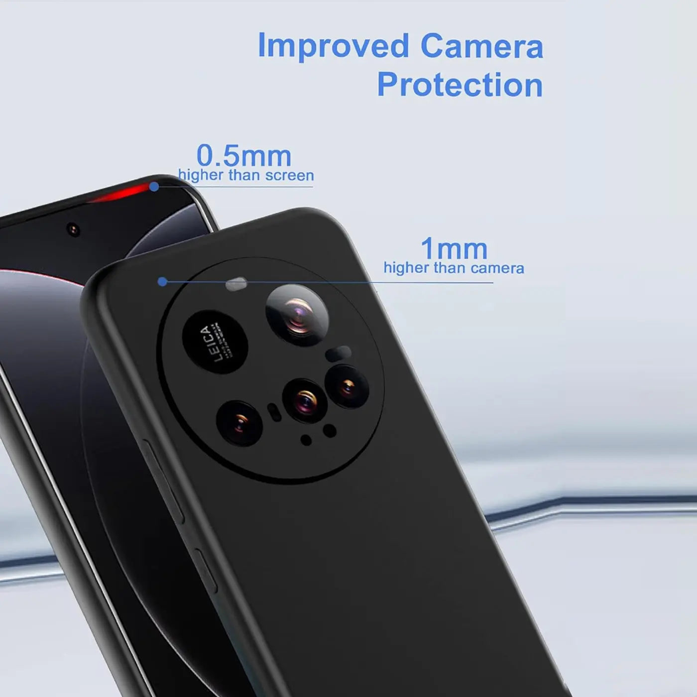 Schwarze Silikonhülle auf Xiaomi 15 Ultra, Rückansicht, Kamera- und Bildschirmhöhe hervorgehoben.