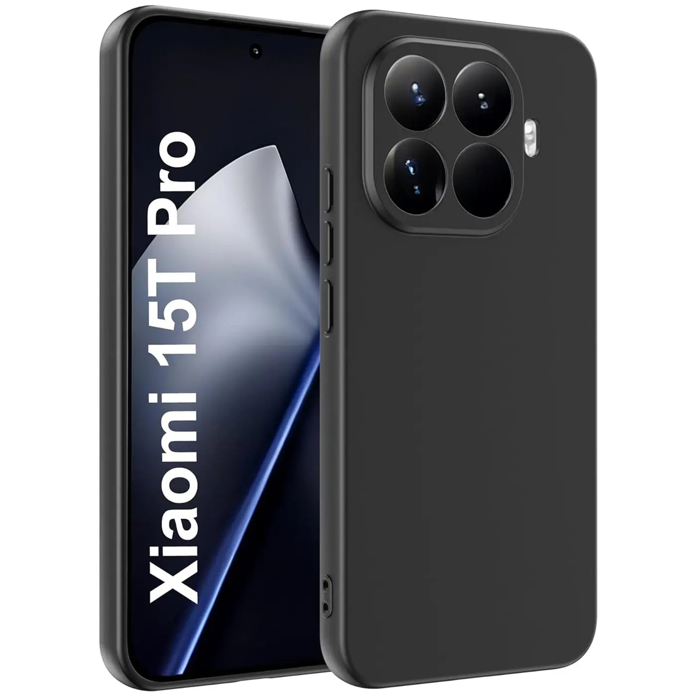 Schwarze Silikonhülle matt, von vorne links, auf Xiaomi 15T Pro.