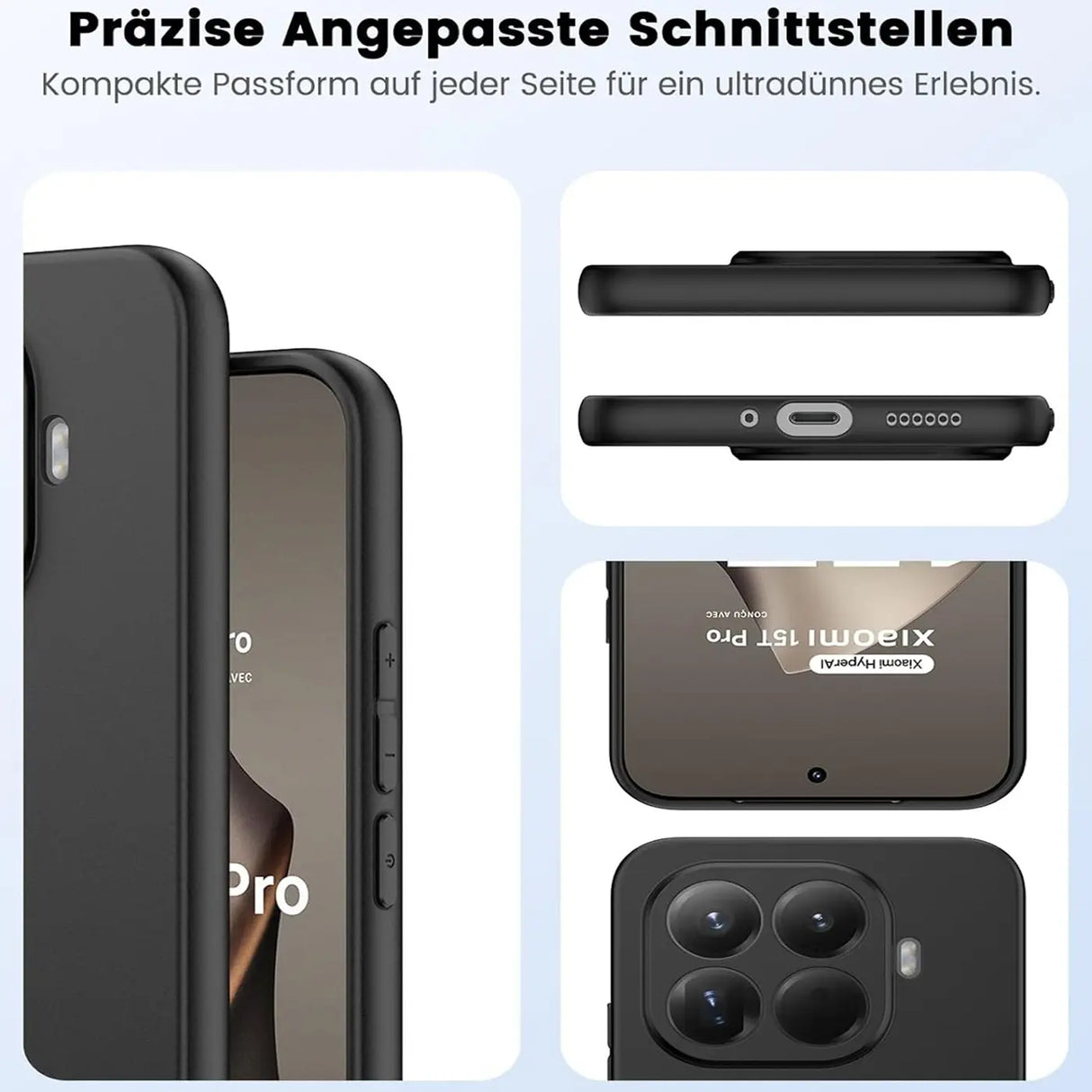 Schwarze Silikonhülle für Xiaomi 15T Pro, Seitenansicht, Unterseite, Rückseite.
