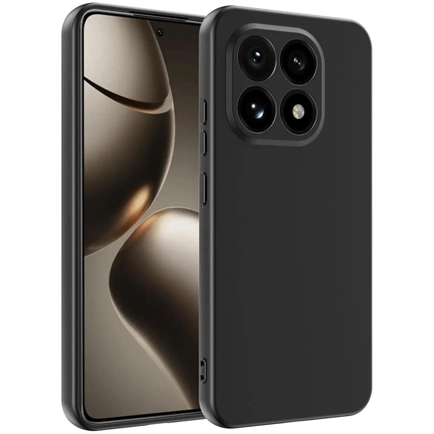 Schwarze Silikonhülle matt, von vorne und hinten gezeigt, mit Xiaomi 15T.