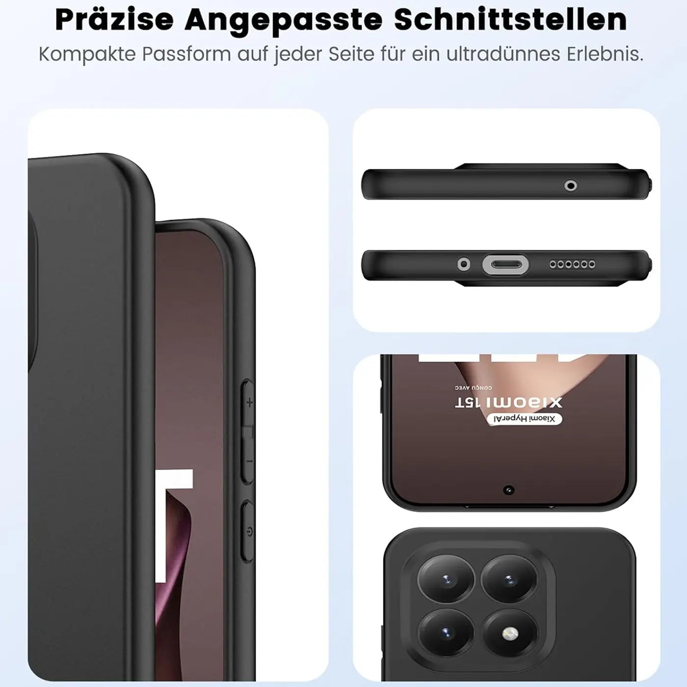 Schwarze Silikonhülle im Profil, mit Ausschnitten für Anschlüsse und Kamera.