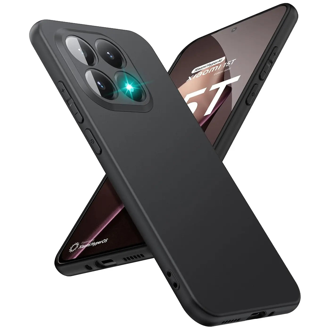 Schwarze Silikonhülle für Xiaomi 15T, matt, von vorne schräg fotografiert.