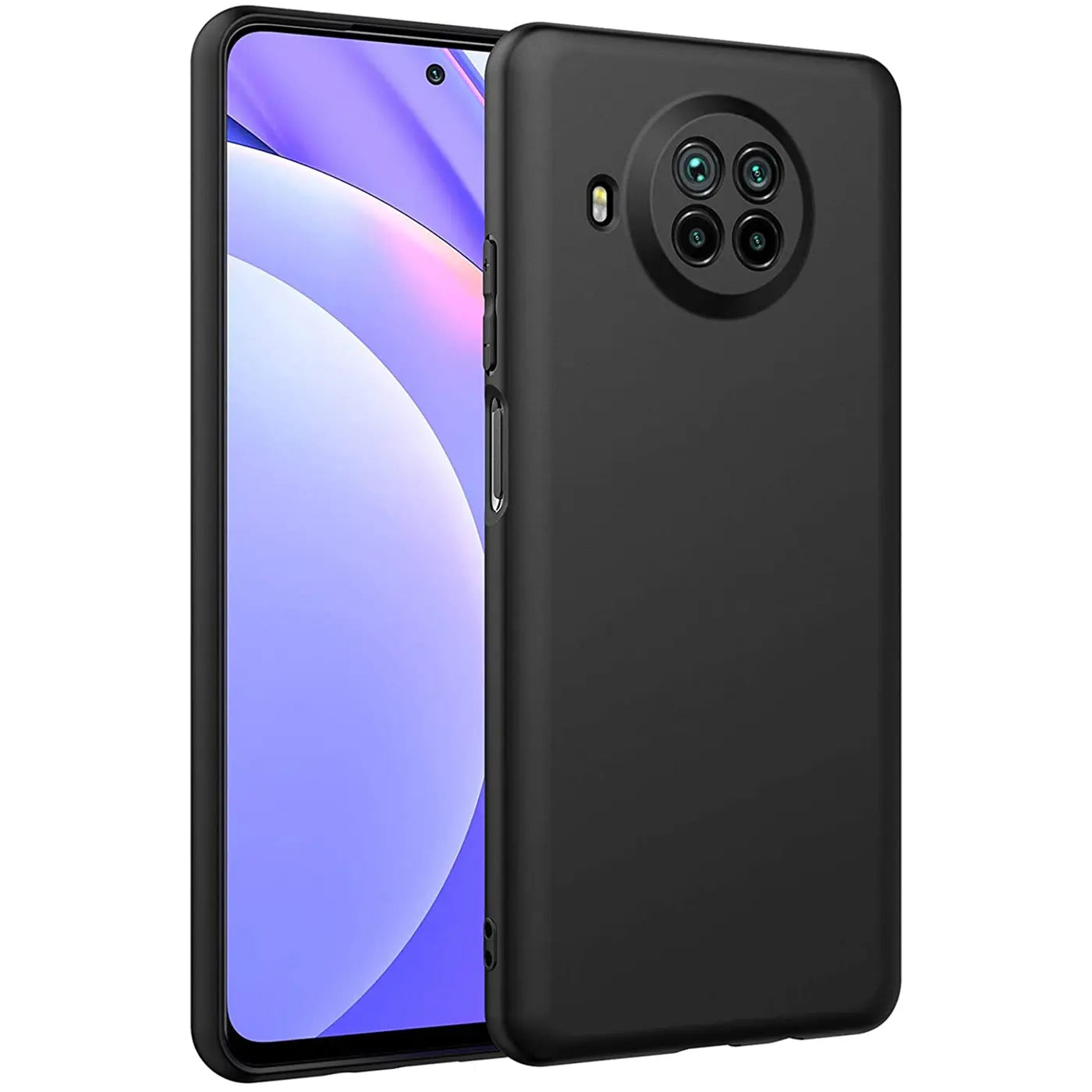 Schwarze matte Silikonhülle auf einem Xiaomi Mi 10T Lite, Seitenansicht.