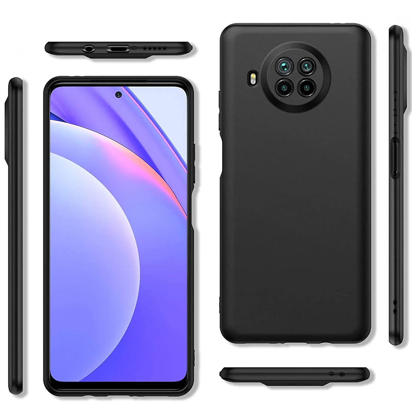 Schwarze Silikonhülle für Xiaomi Mi 10T Lite, verschiedene Ansichten.
