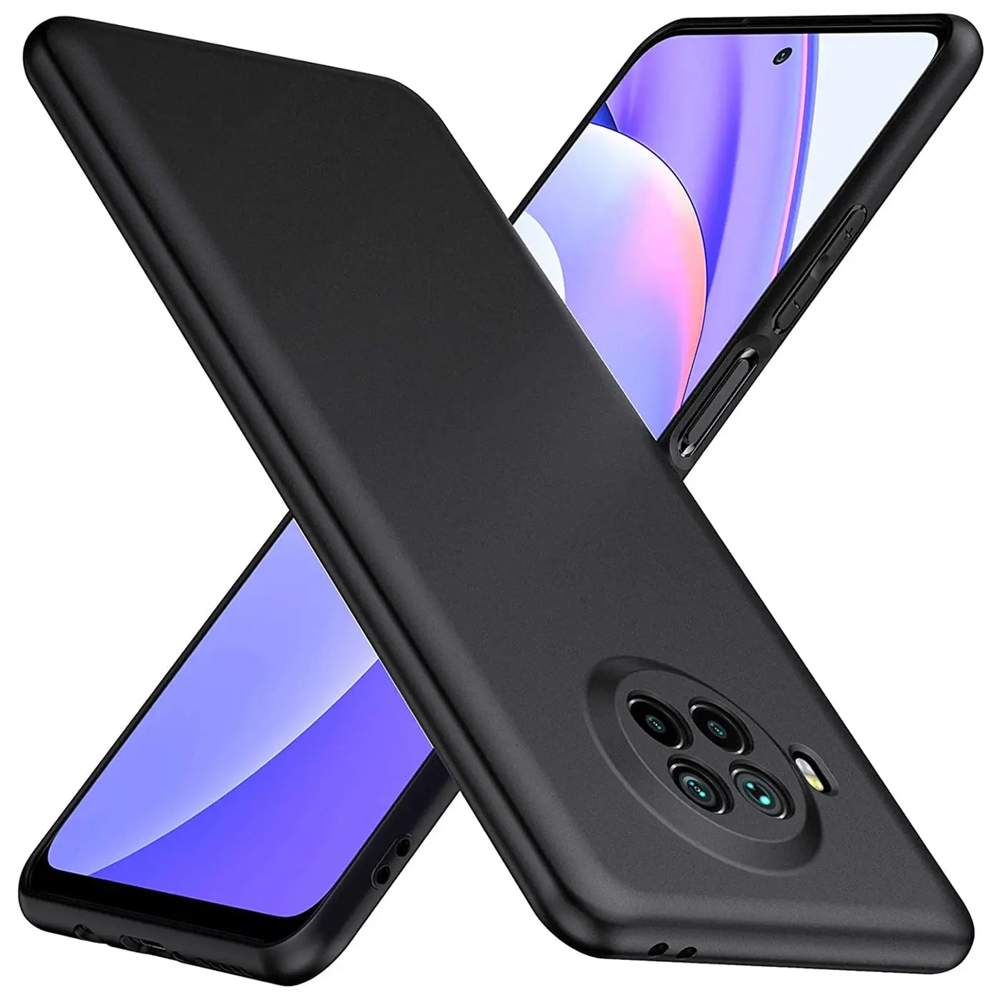 Schwarze, matte Silikonhülle für Xiaomi Mi 10T Lite, Rückansicht, leicht schräg