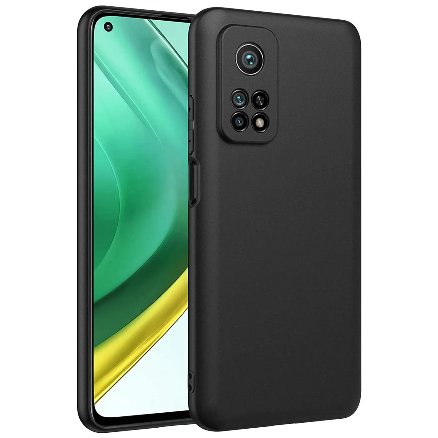 Schwarze Silikonhülle für Xiaomi Mi 10T/Pro, von schräg vorne, matt.