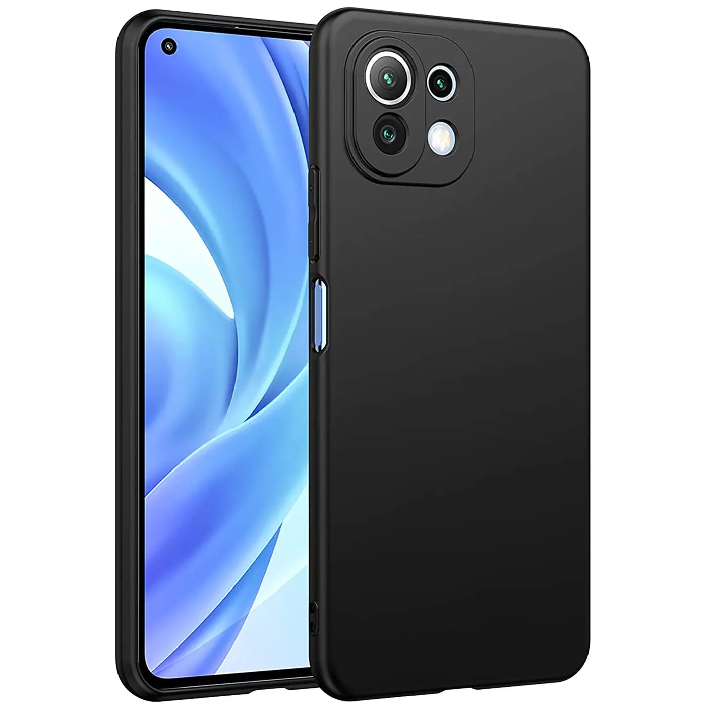 Schwarze matte Silikonhülle auf Xiaomi Mi 11 Lite 4G/5G, Seitenansicht.