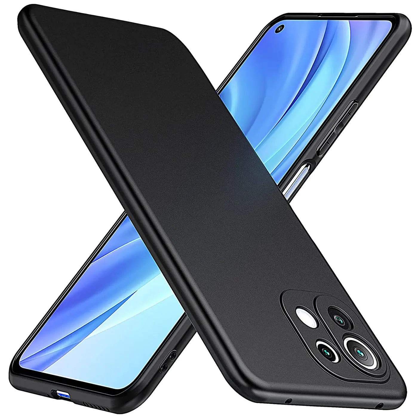 Schwarze Silikonhülle, matt, von vorne/oben, zeigt Xiaomi Mi 11 Lite 4G/5G