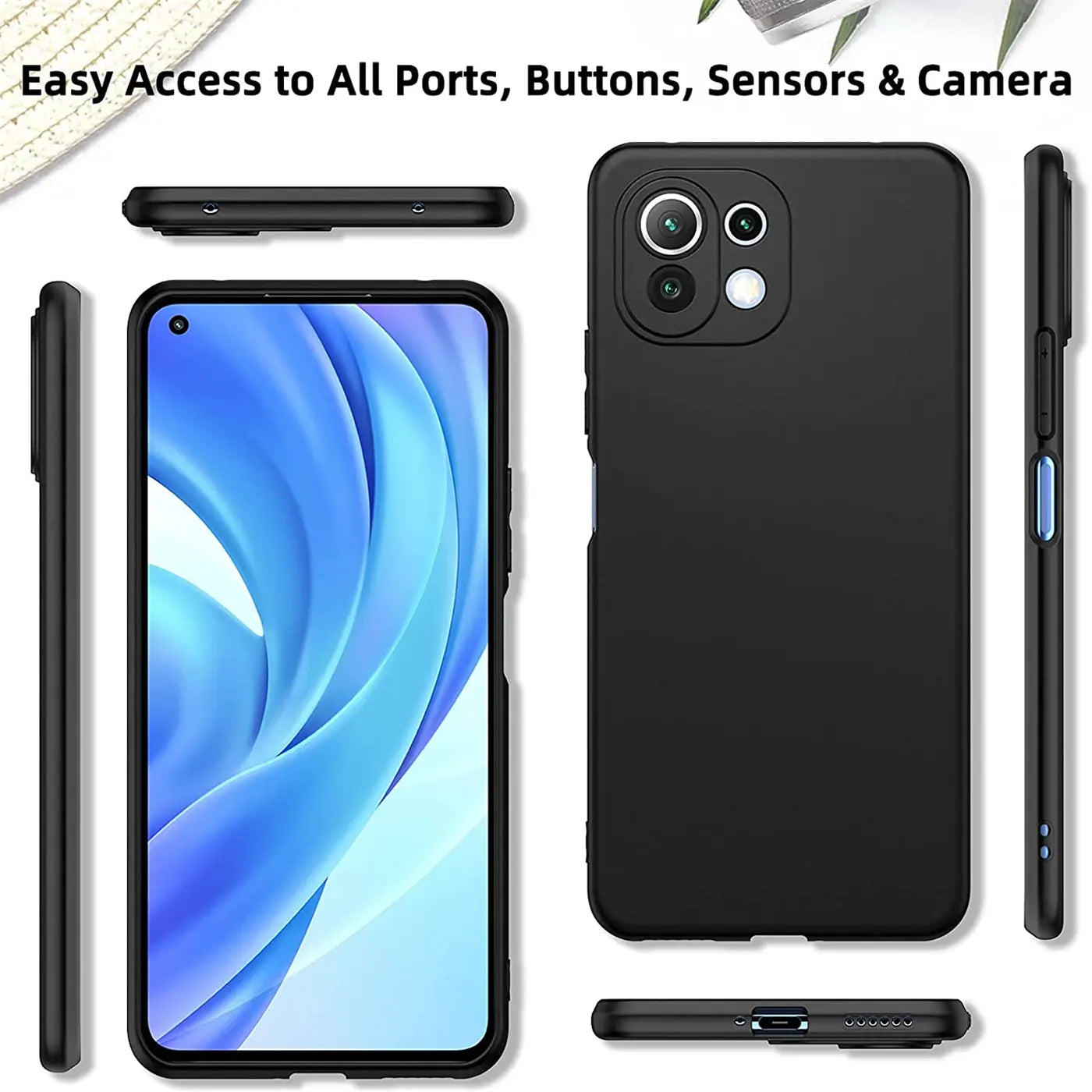 Schwarze matte Silikonhülle für Xiaomi Mi 11 Lite 4G/5G, Ansichten von vorne, hinten, Seite, oben, unten.