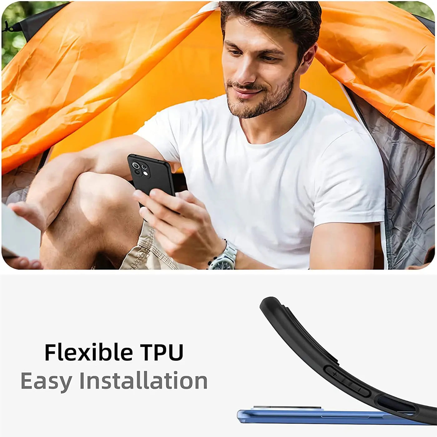 Schwarze Silikonhülle für Xiaomi Mi 11 Lite 4G/5G, von vorne, mit Handy.