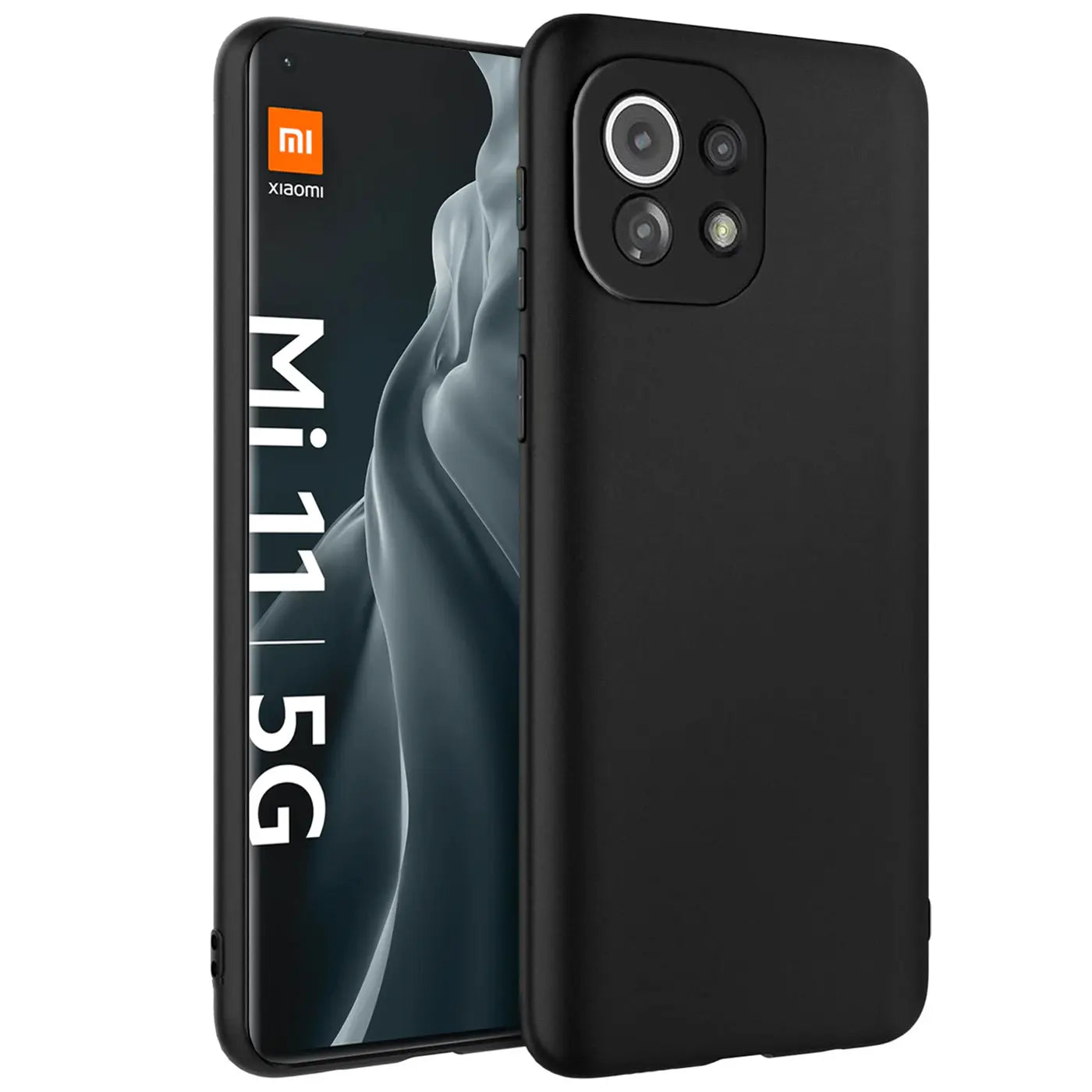 Schwarze Silikonhülle für Xiaomi Mi 11, von schräg vorne fotografiert.