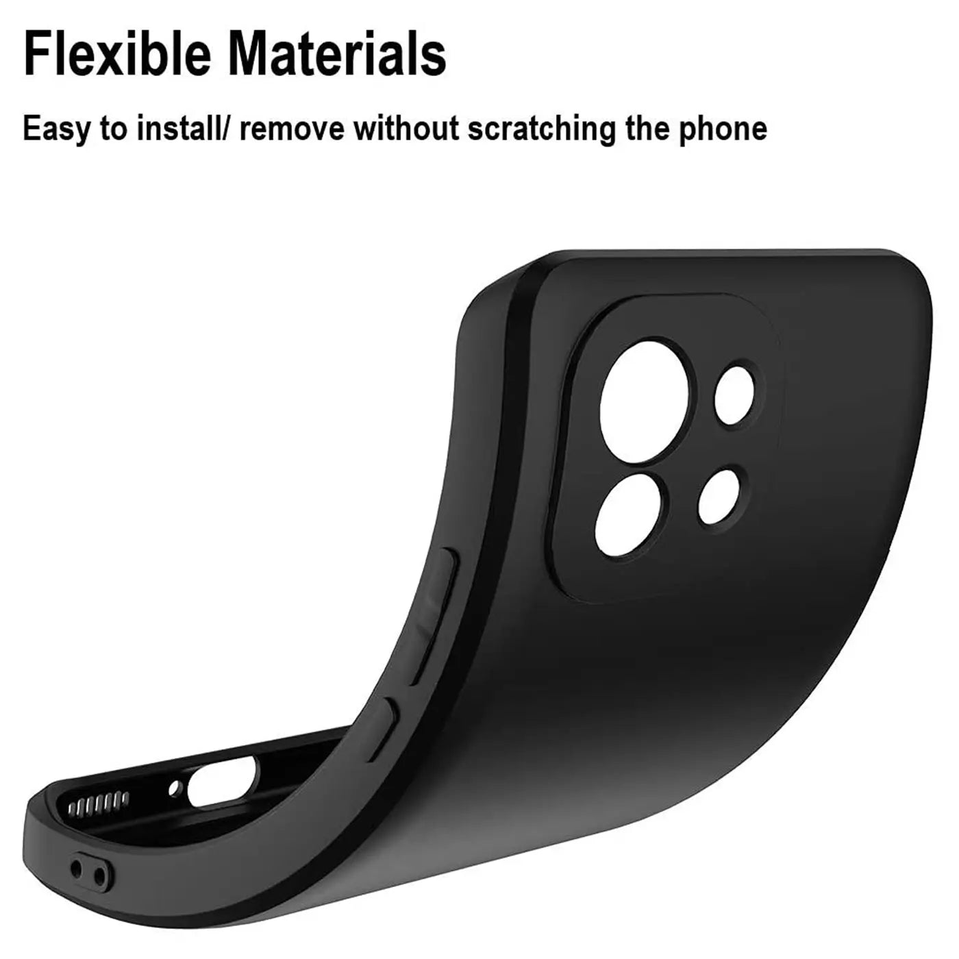 Schwarze, matte Silikonhülle für Xiaomi Mi 11, von schräg oben, mit Kameraaussparung.