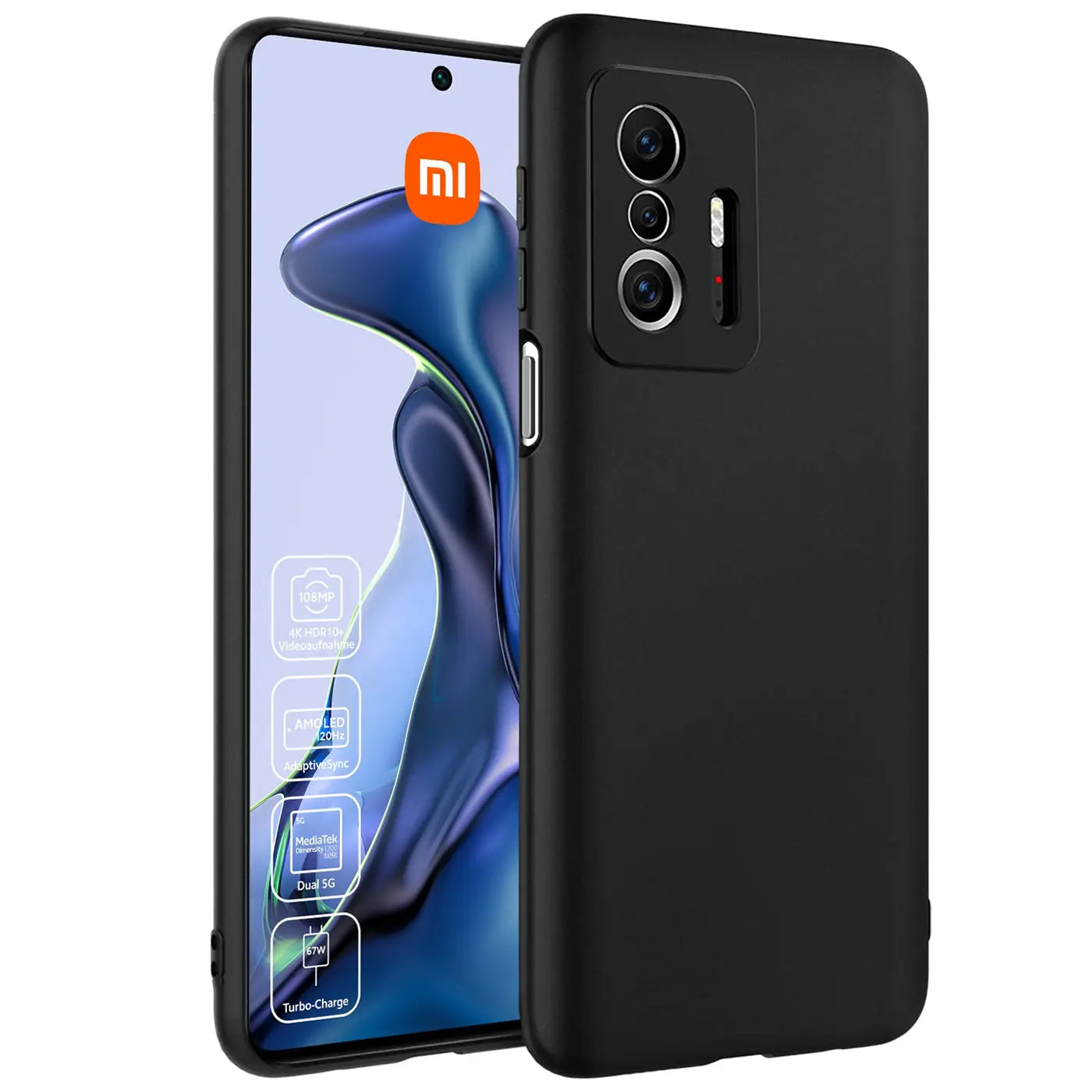 Schwarze, matte Silikonhülle auf einem Xiaomi Mi 11T Pro, Rückansicht.
