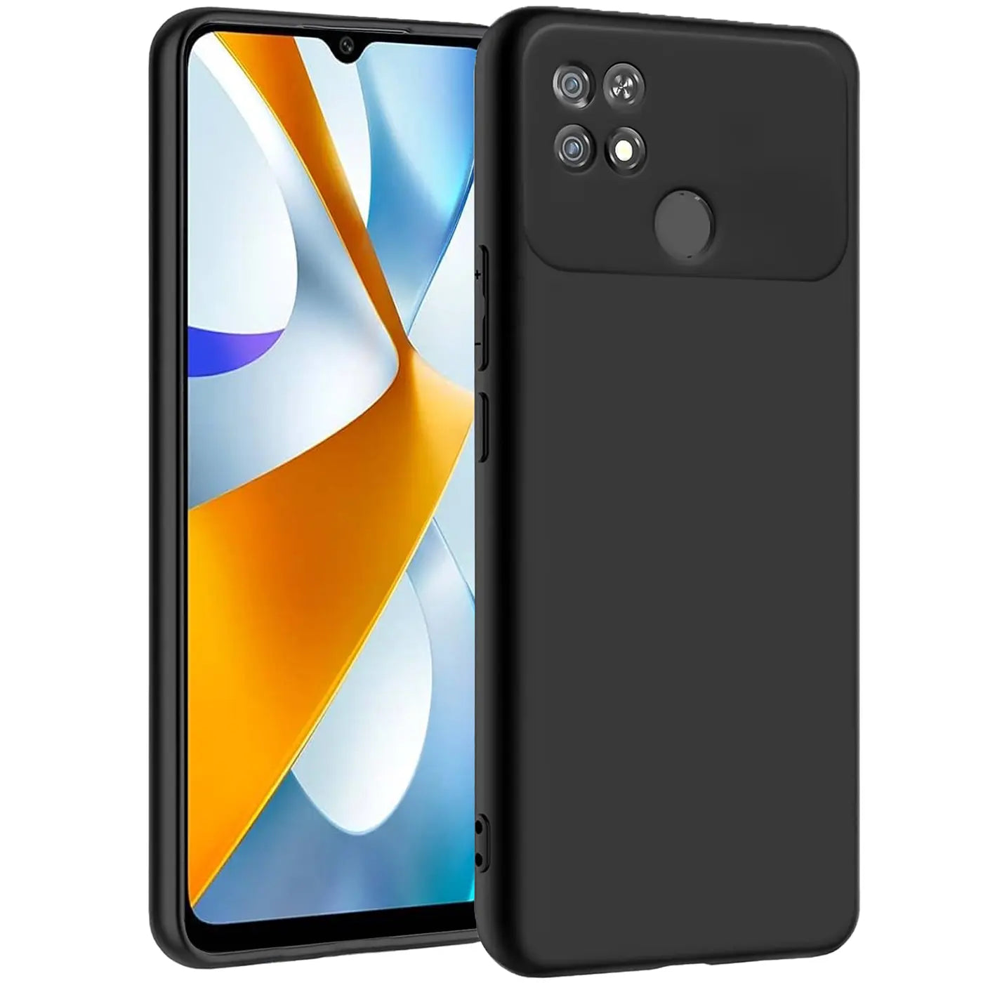 Schwarze, matte Silikonhülle für Xiaomi Poco C40, von vorne links gezeigt.