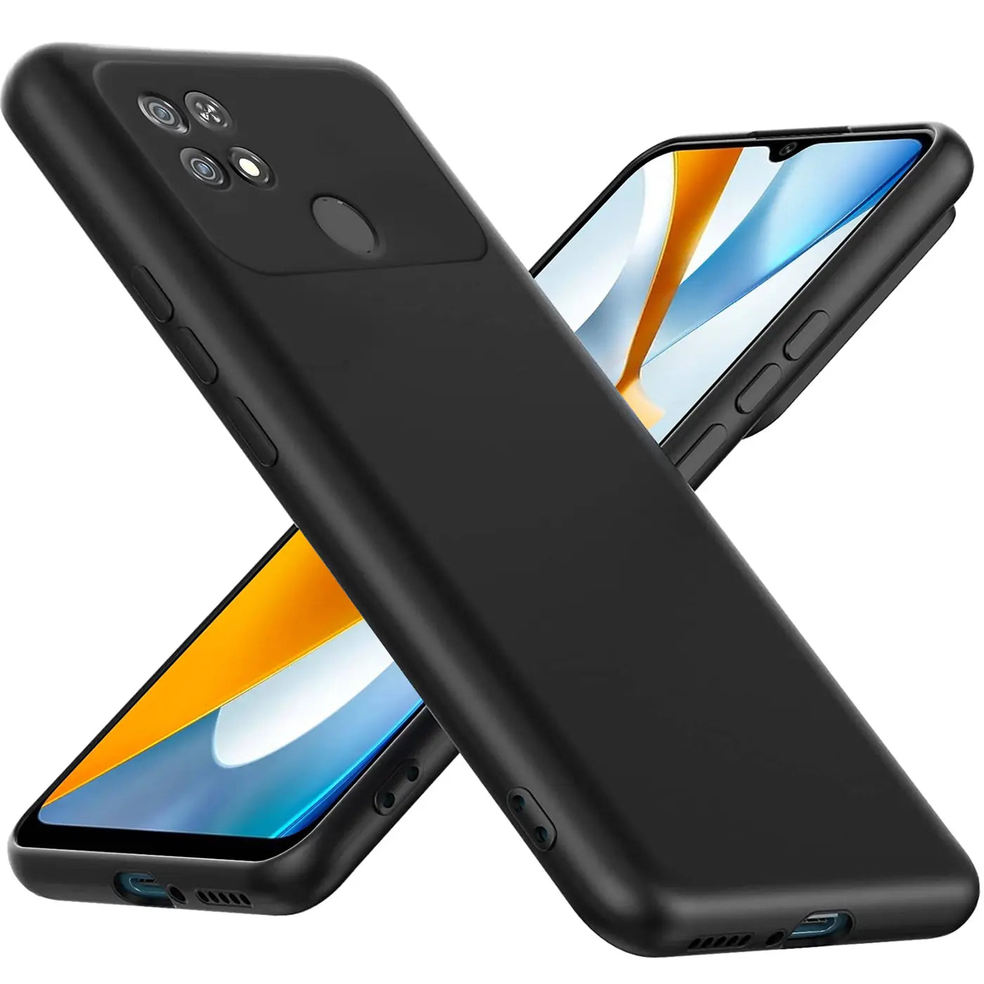 Schwarze, matte Silikonhülle für Xiaomi Poco C40, von schräg vorne, mit sichtbarem Gerät.