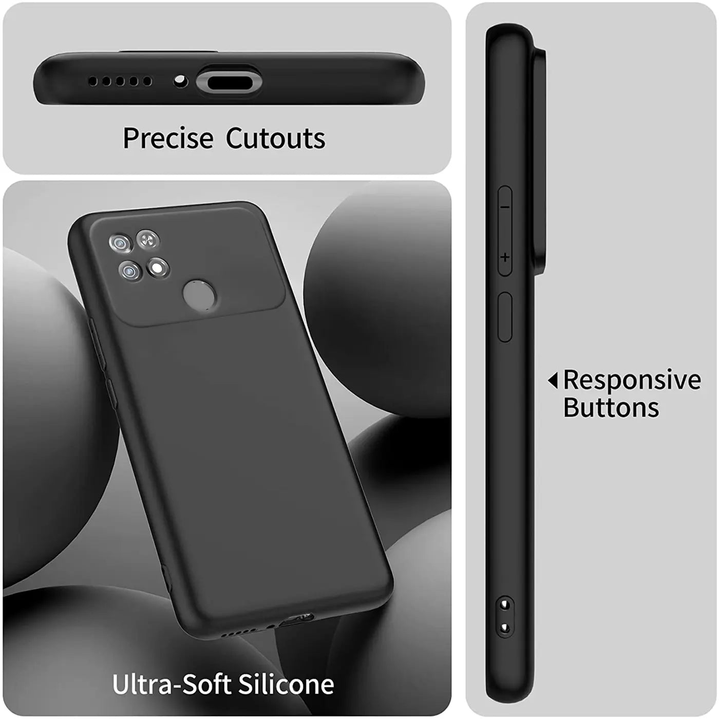 Schwarze, matte Silikonhülle für Xiaomi Poco C40, Rückseite und Seite gezeigt.