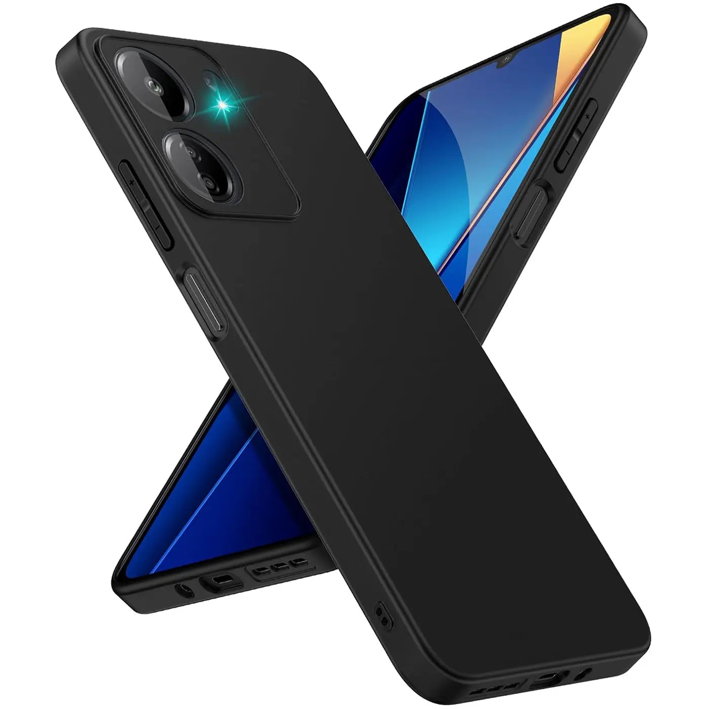 Schwarze Silikonhülle für Xiaomi Poco C65, matt, von vorne links, mit Handy im Hintergrund.