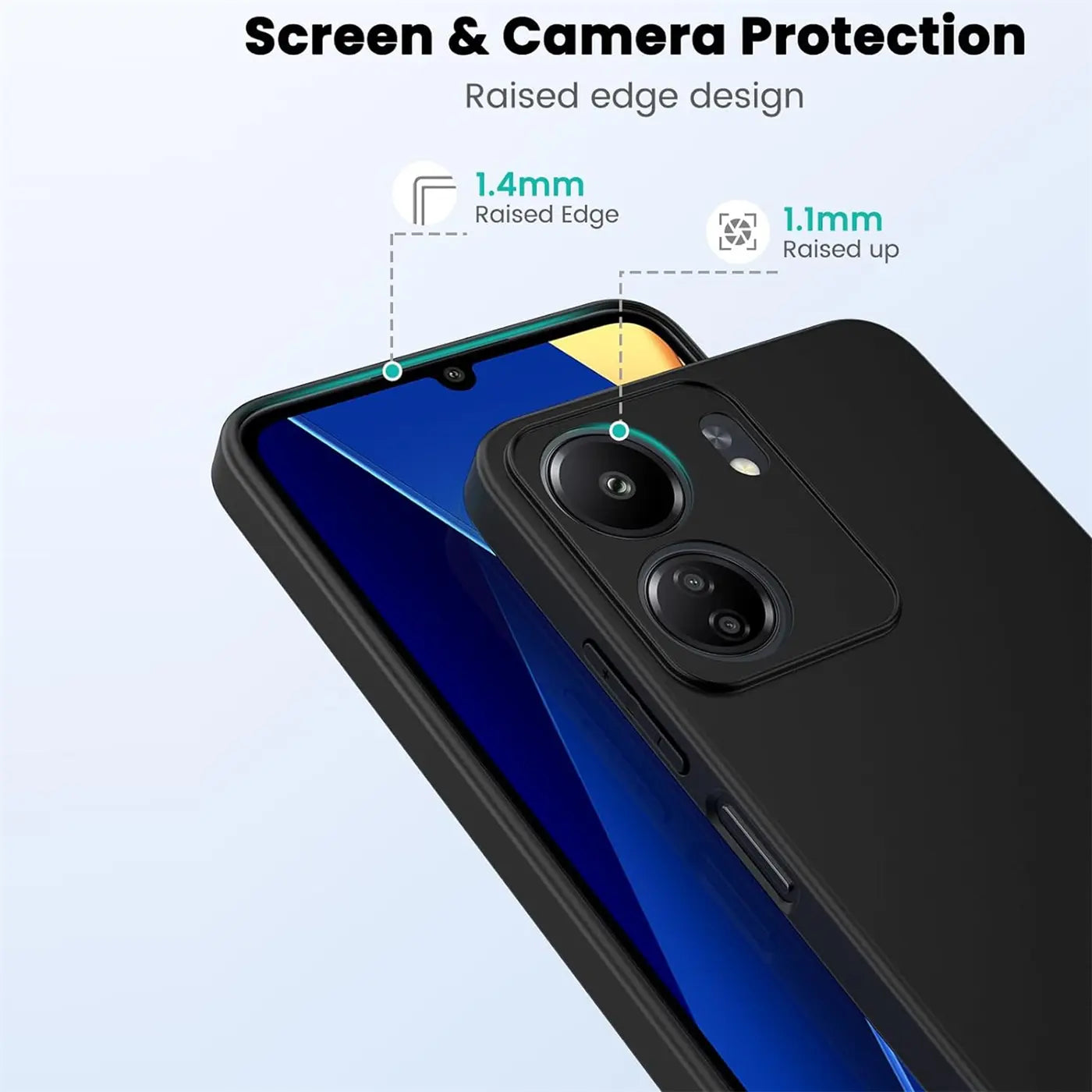 Schwarze, matte Silikonhülle auf Xiaomi Poco C65, Nahaufnahme von hinten, Seitenansicht.