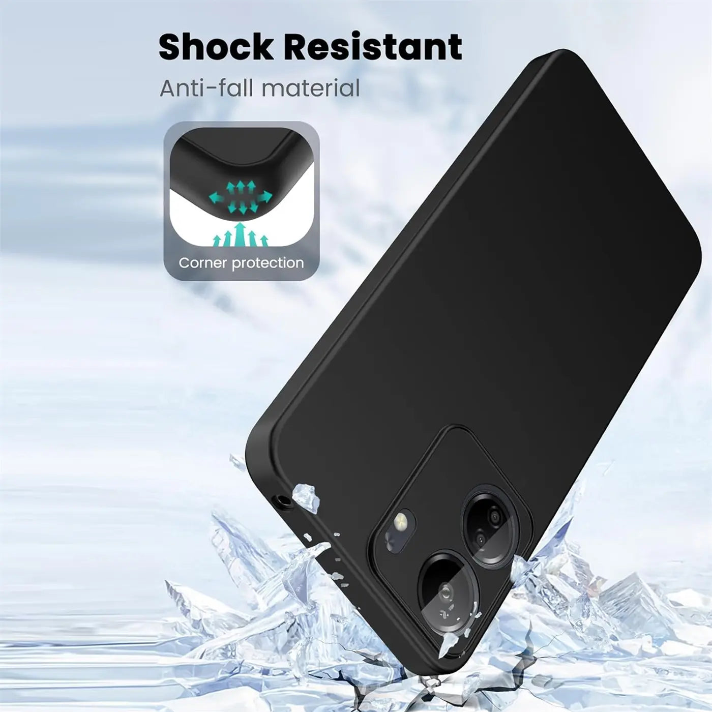 Schwarze matte Silikonhülle für Xiaomi Poco C65, von schräg oben gesehen.