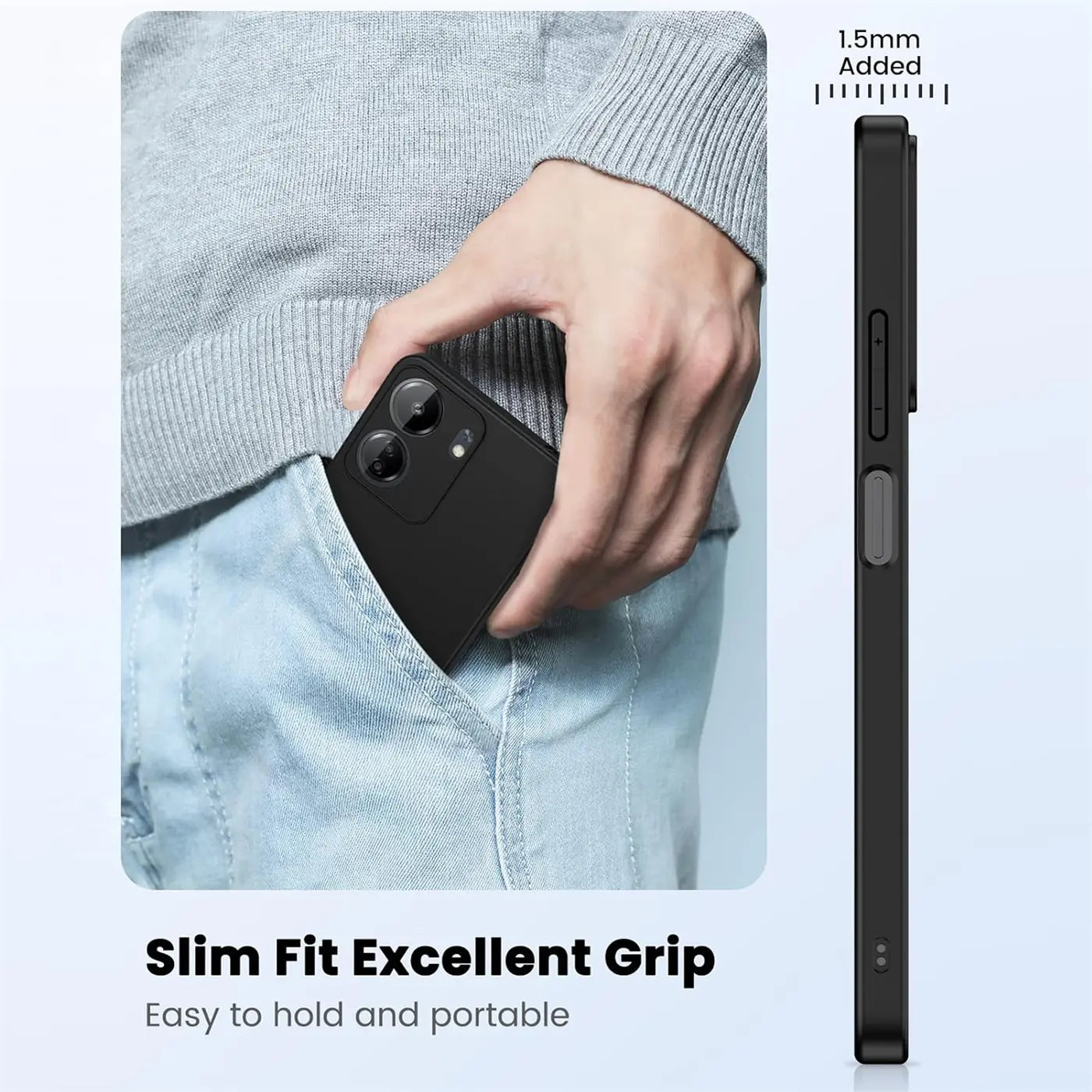 Schwarze, matte Silikonhülle für Xiaomi Poco C65, von der Seite gezeigt, 1,5mm hinzugefügt