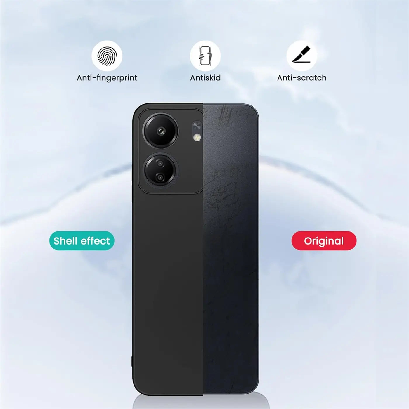 Schwarze Silikonhülle matt, Rückansicht, Xiaomi Poco C65 mit Kamera