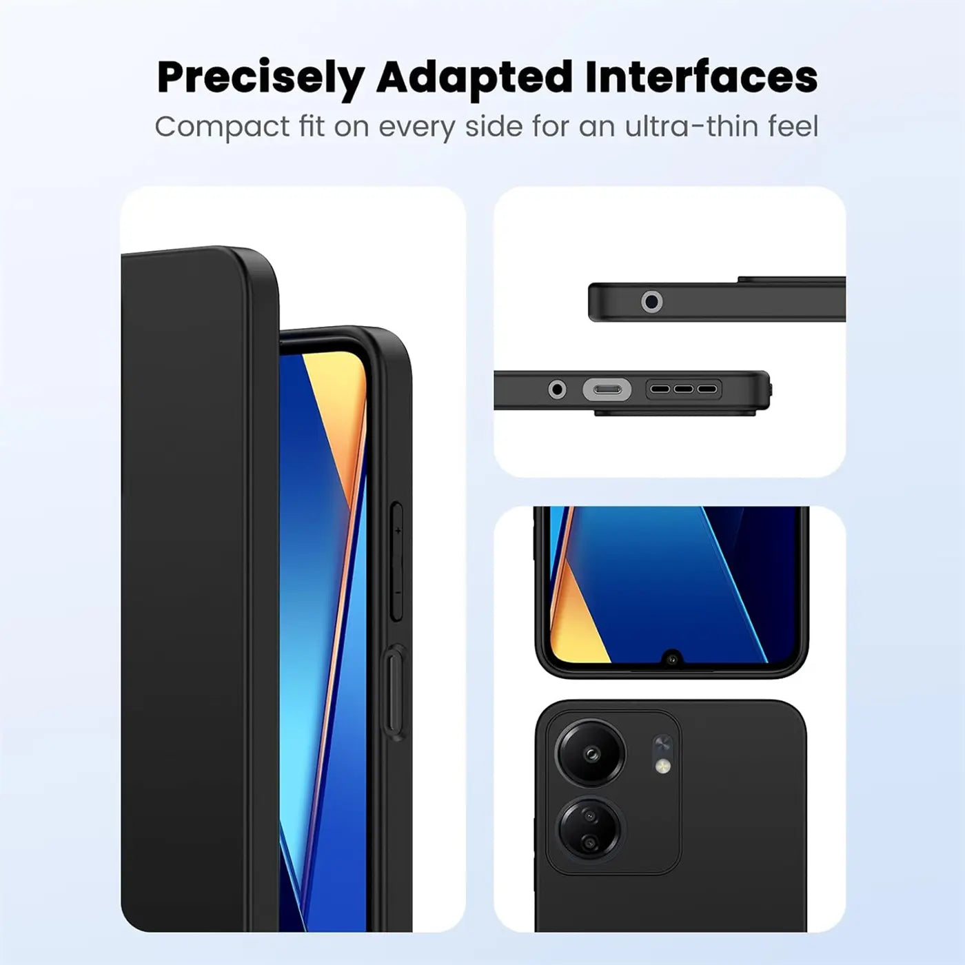 Schwarze Silikonhülle, Nahaufnahme, Xiaomi Poco C65 mit Ausschnitten.
