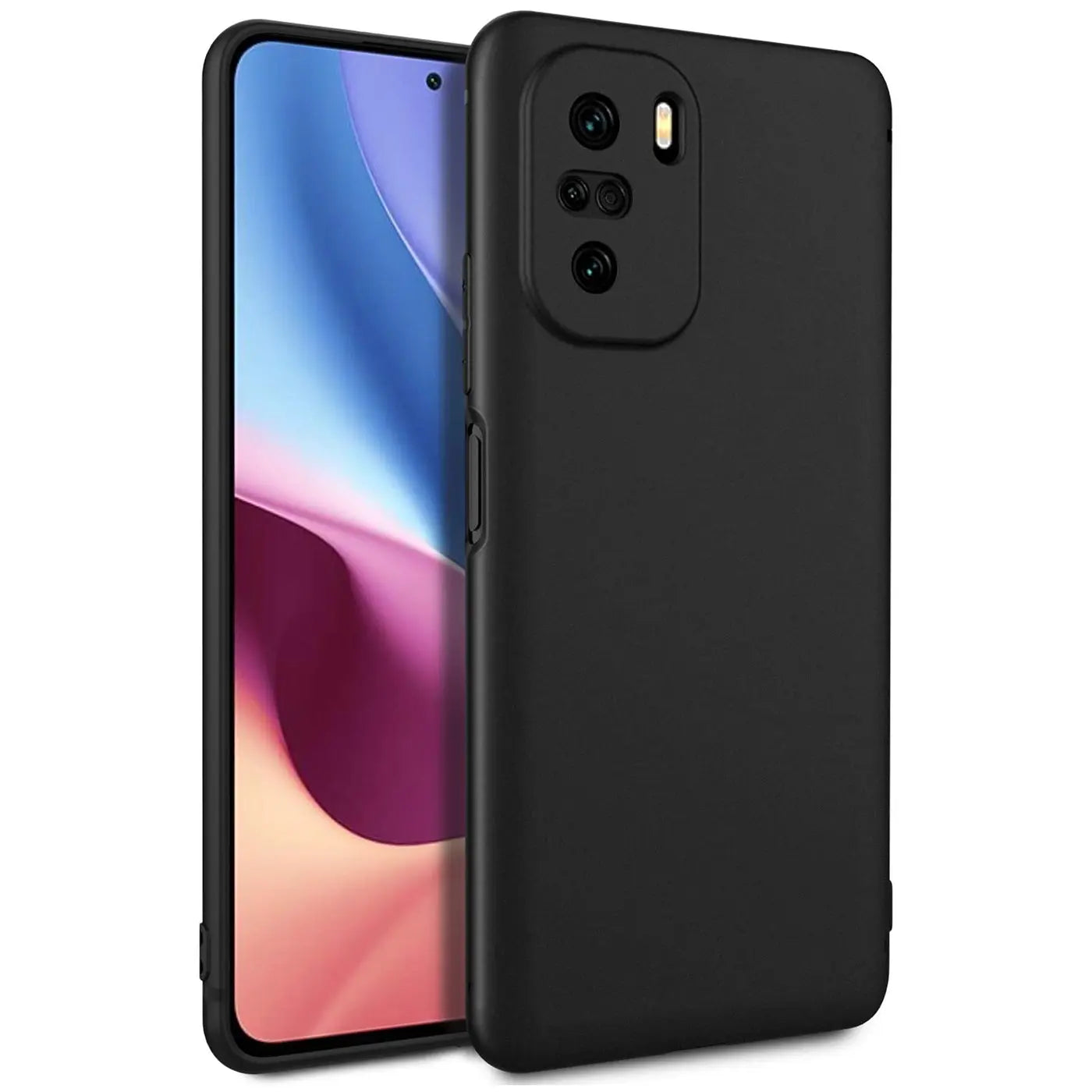 Schwarze Slim Silikonhülle auf einem Xiaomi Poco F3 / Mi 11i, von schräg vorne