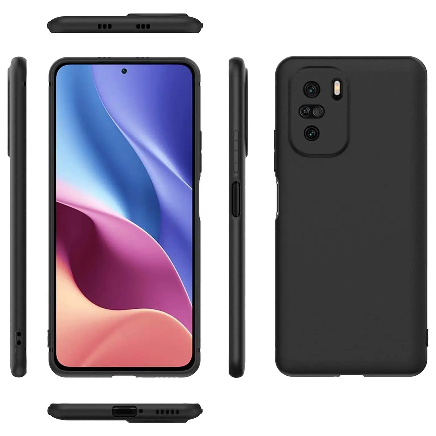 Schwarze Silikonhülle für Xiaomi Poco F3 / Mi 11i, verschiedene Ansichten.