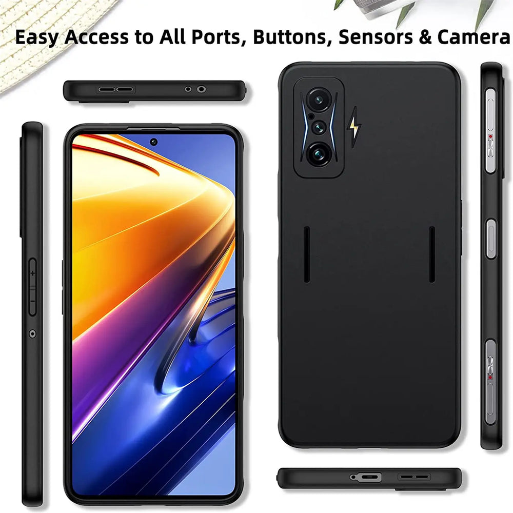 Schwarze Silikonhülle für Xiaomi Poco F4 GT, verschiedene Ansichten, matt.