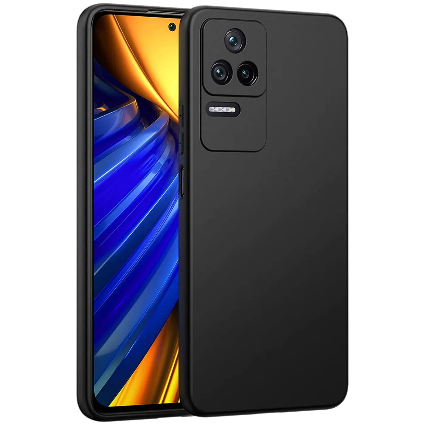 Schwarze matte Silikonhülle auf einem Xiaomi Poco F4, Seitenansicht.