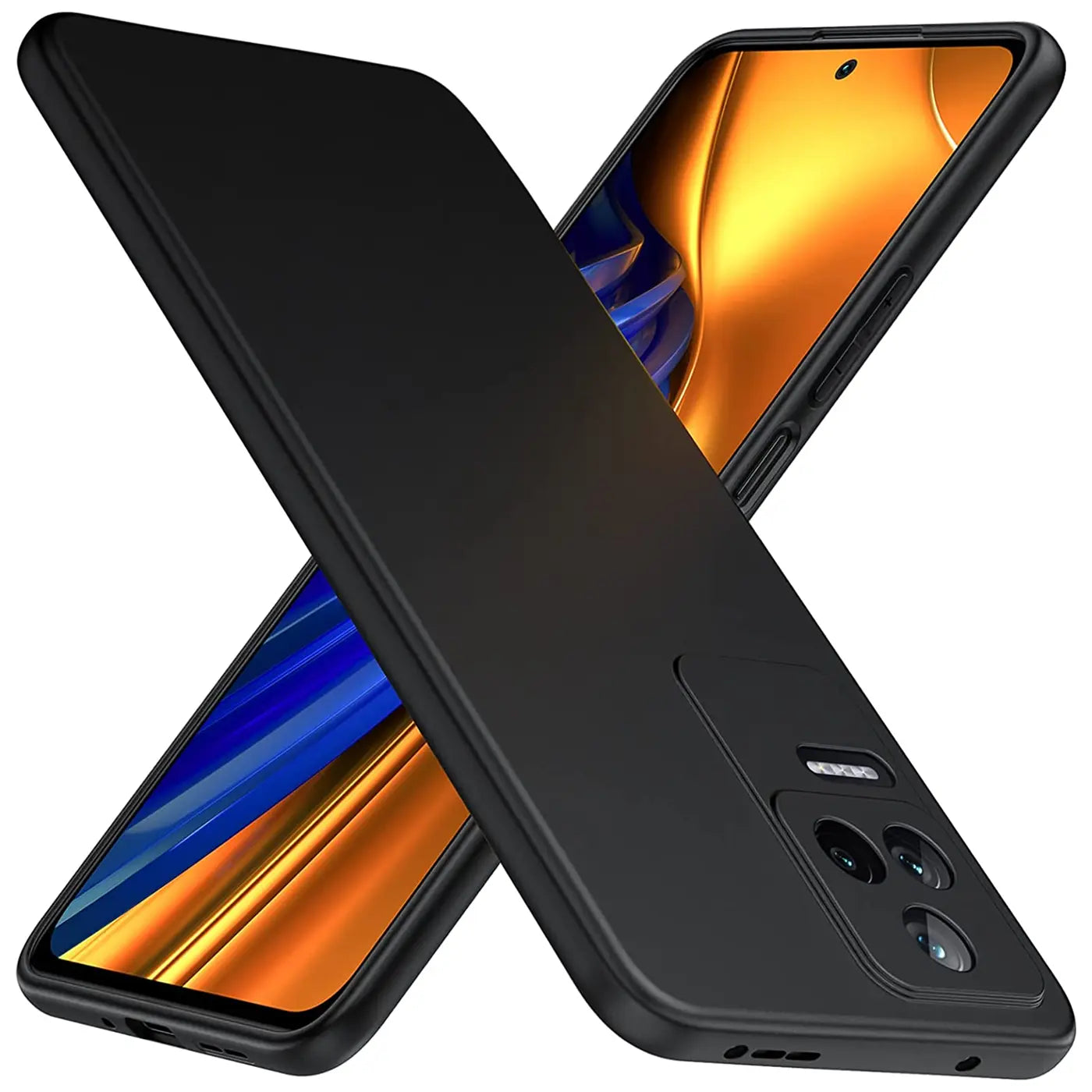 Schwarze Silikonhülle matt, von vorne/seitlich, mit Xiaomi Poco F4.