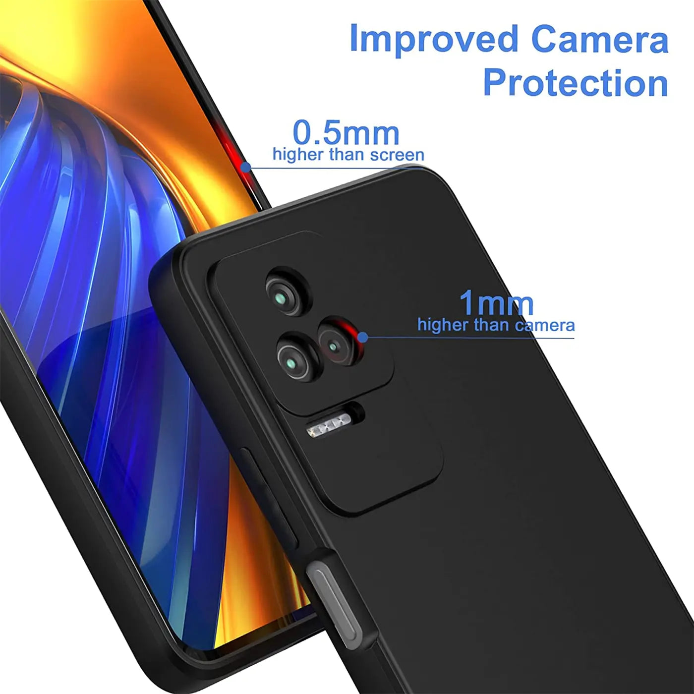 Schwarze Silikonhülle matt auf Xiaomi Poco F4, Seitenansicht. Erhöhter Kameraschutz.