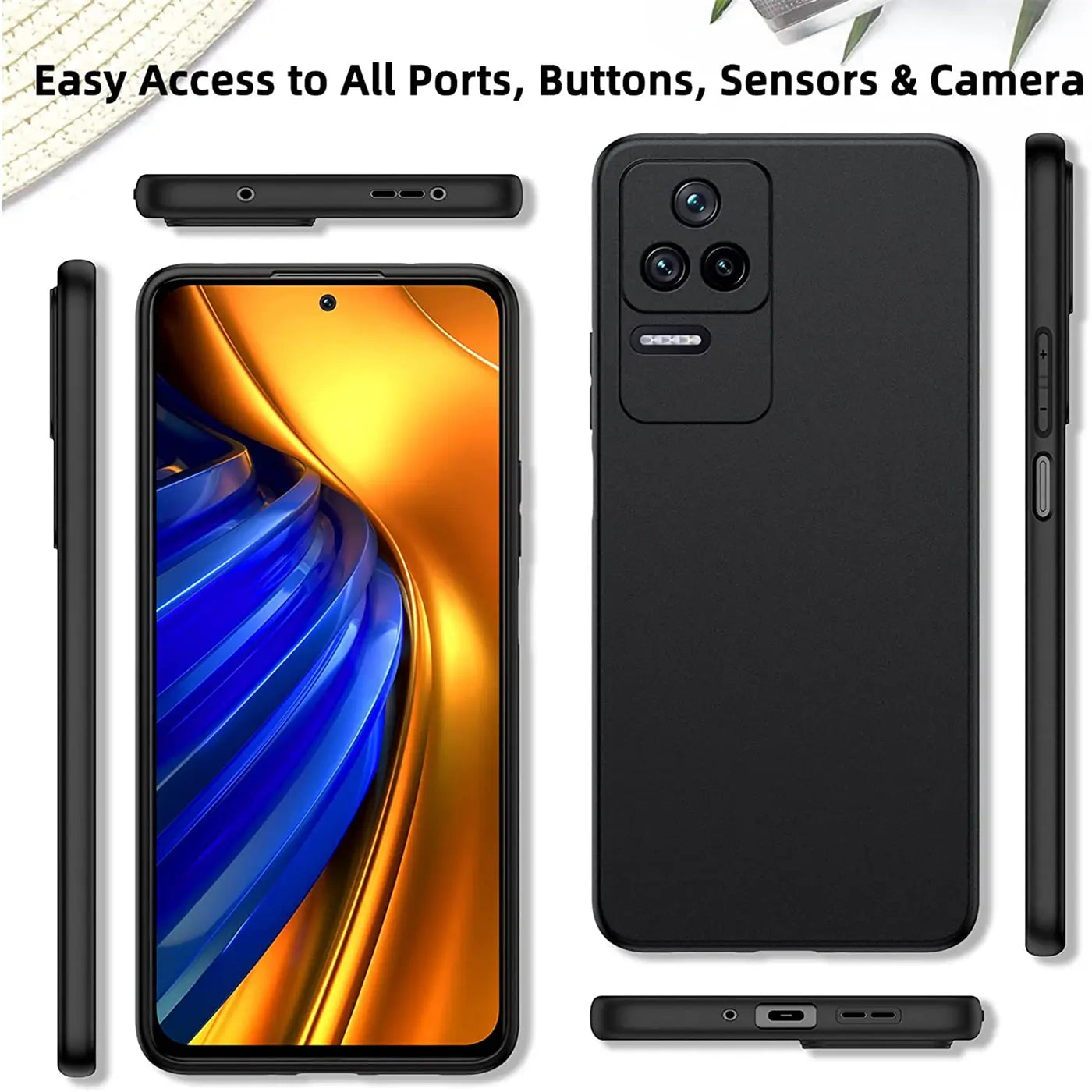 Schwarze Silikonhülle für Xiaomi Poco F4, Rückansicht, Seitenansicht, Oberseite, Unterseite.
