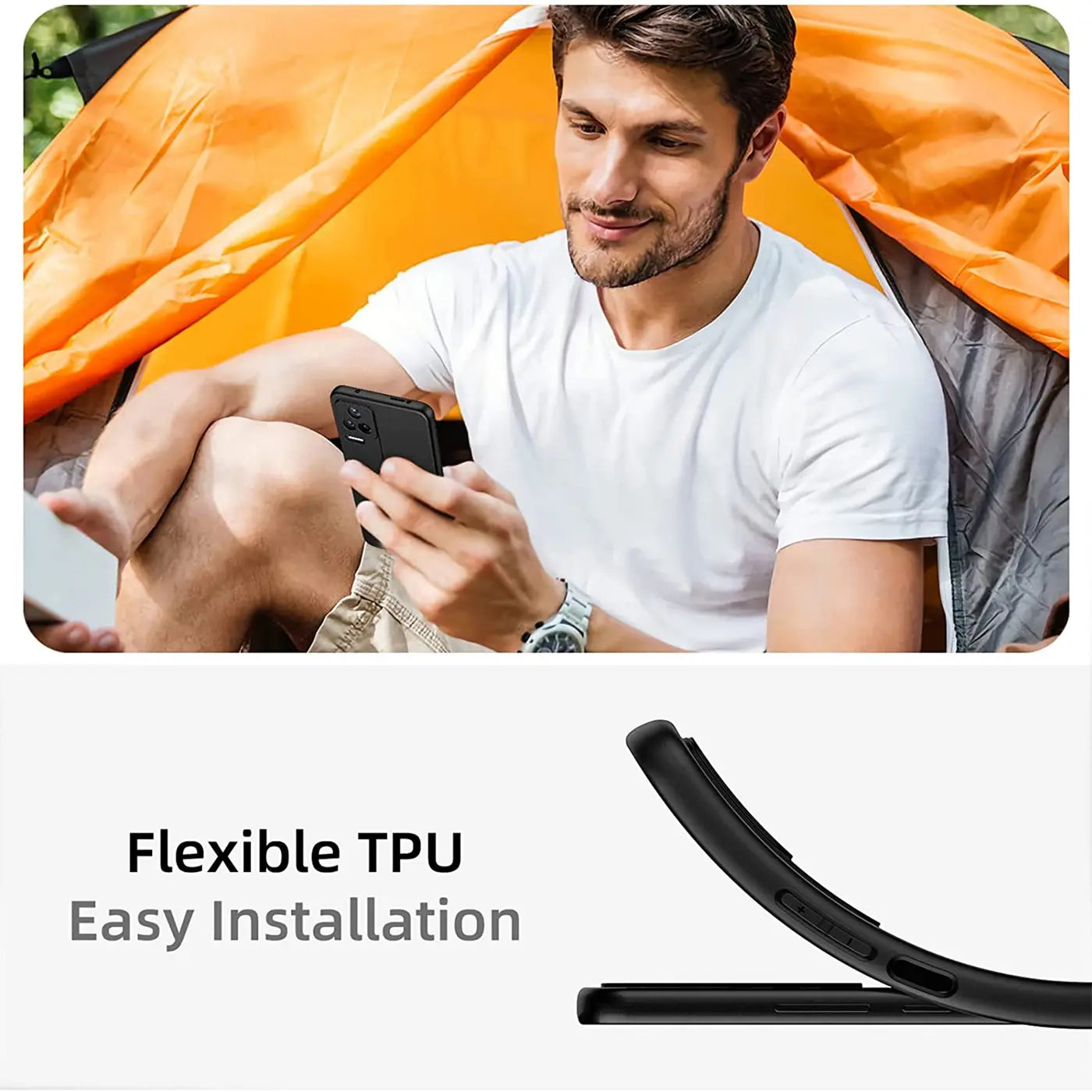 Mann hält schwarzes Xiaomi Poco F4, Silikonhülle, Nahaufnahme von Hülle