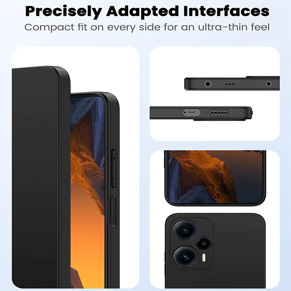 Schwarze Silikonhülle, Seitenansicht und Rückseite, Xiaomi Poco F5 5G.