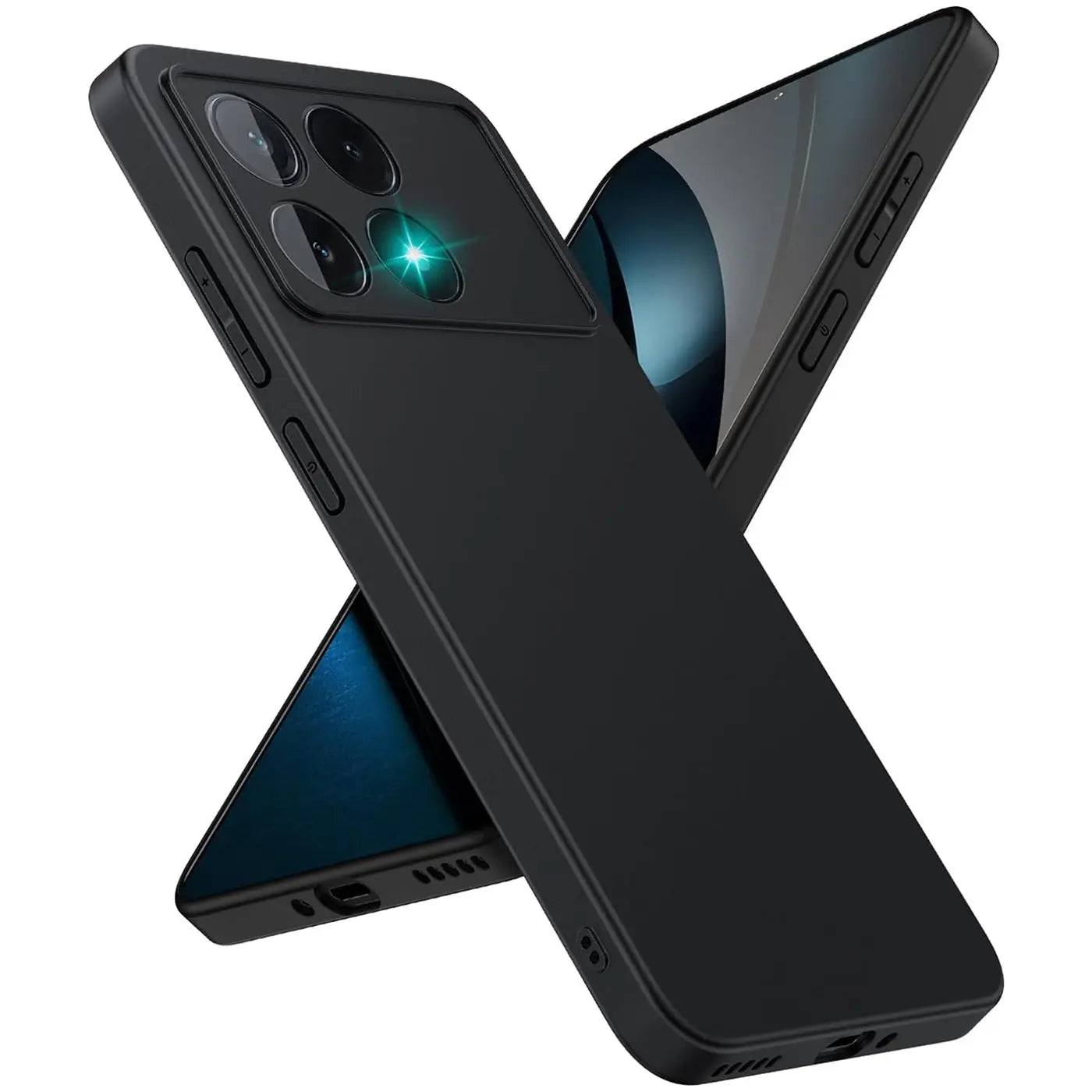 Schwarze matte Silikonhülle für Xiaomi Poco F6 Pro, Rückansicht, leicht schräg