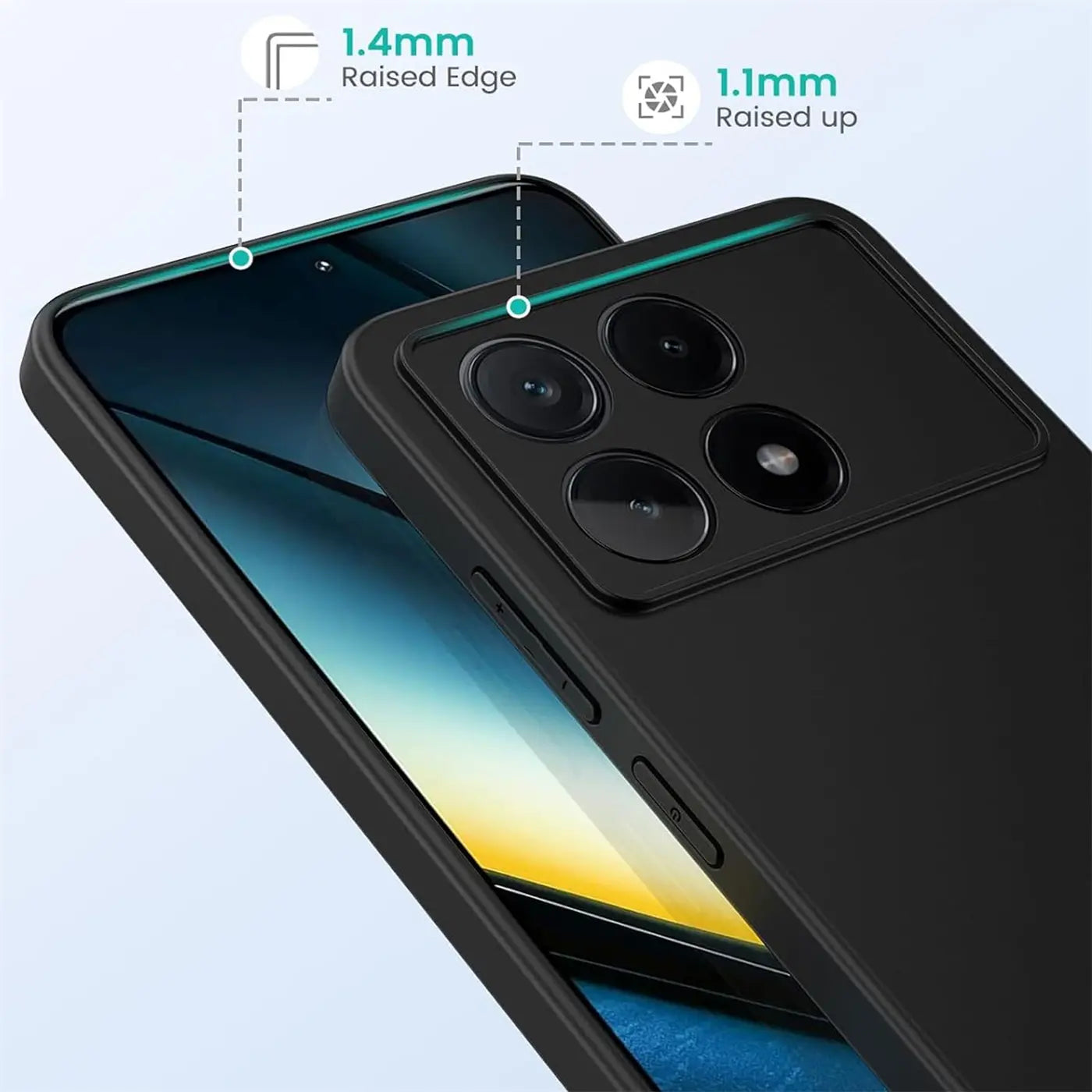 Schwarze Silikonhülle auf Xiaomi Poco F6 Pro, Nahaufnahme, Rückseite mit Kamera, matt.