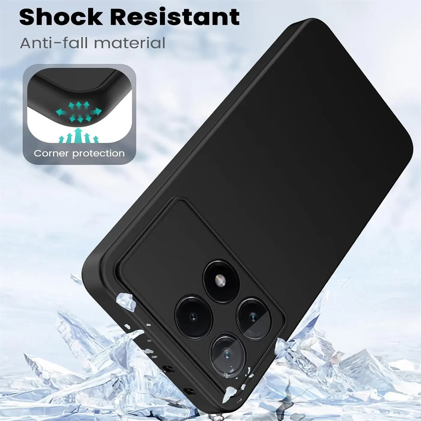 Schwarze, matte Silikonhülle für Xiaomi Poco F6 Pro, von schräg unten gesehen.