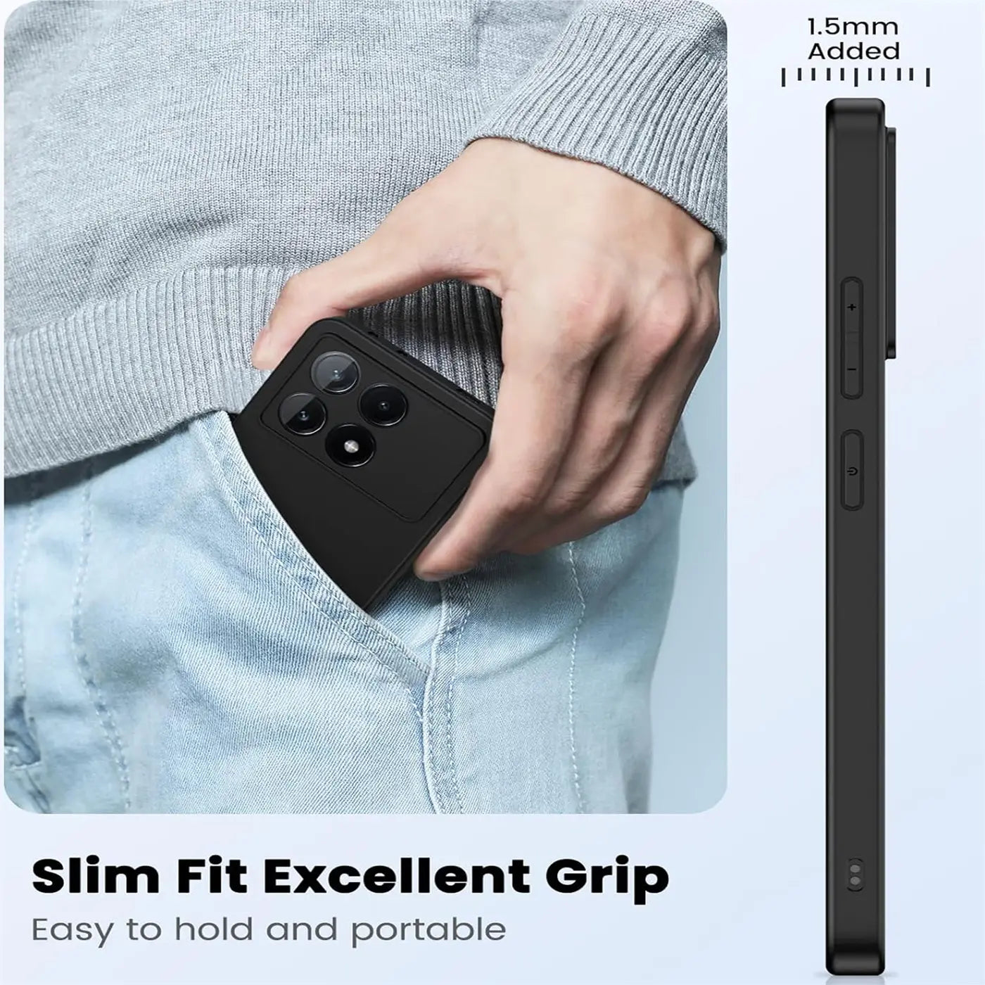 Schwarze Silikonhülle für Xiaomi Poco F6 Pro, von der Seite und von hinten gezeigt.